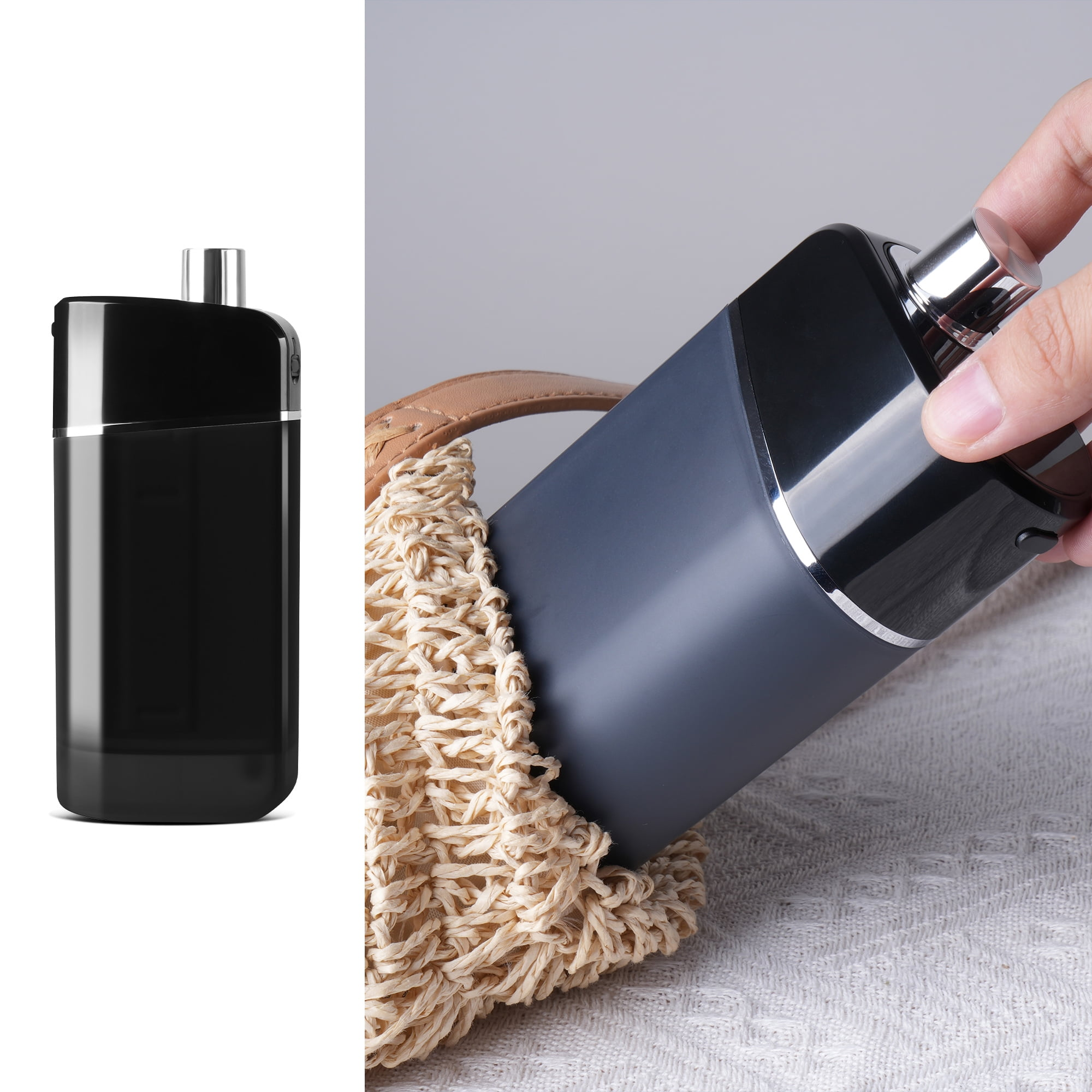 Schwarzer Vape-Pen mit silbernen Akzenten. Hand hält ihn in einer gewebten Tasche. Weißer Hintergrund.