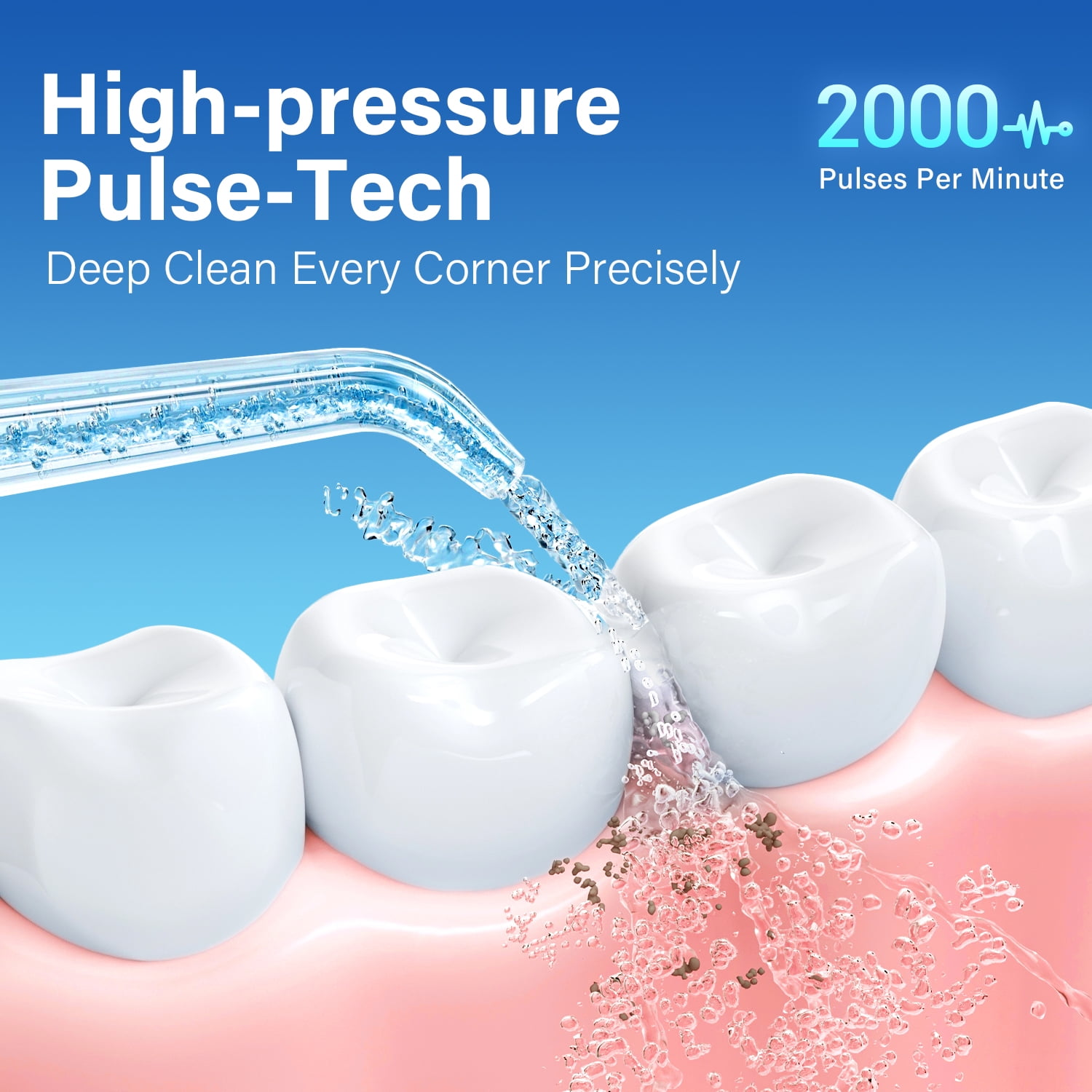 Wasser-Flosser, der Wasser auf die Zähne sprüht. Text: Hochdruck-Pulse-Tech, 2000 Impulse pro Minute.