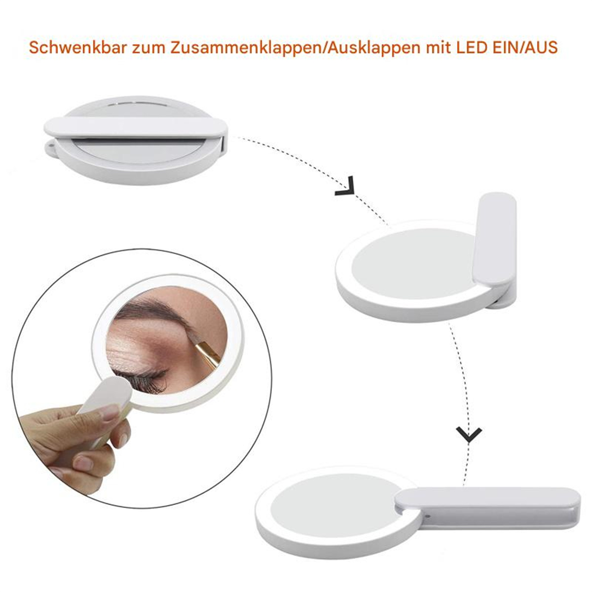 Ein weißer, faltbarer, kreisförmiger Spiegel mit Licht. Das Bild zeigt den geöffneten und geschlossenen Spiegel.