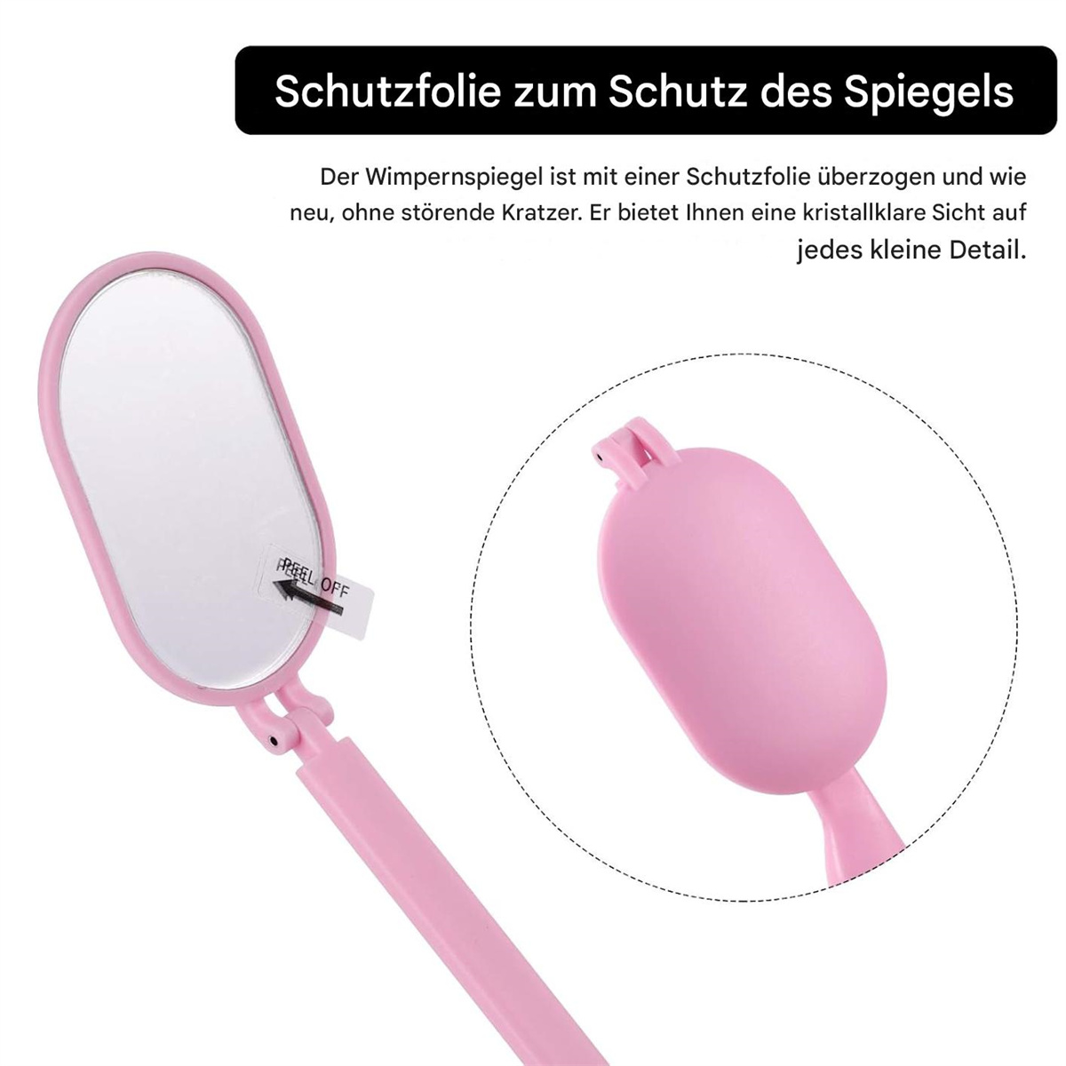 Rosa, faltbarer Spiegel mit Schutzfolie. Der Spiegel befindet sich auf einer hellen Oberfläche.