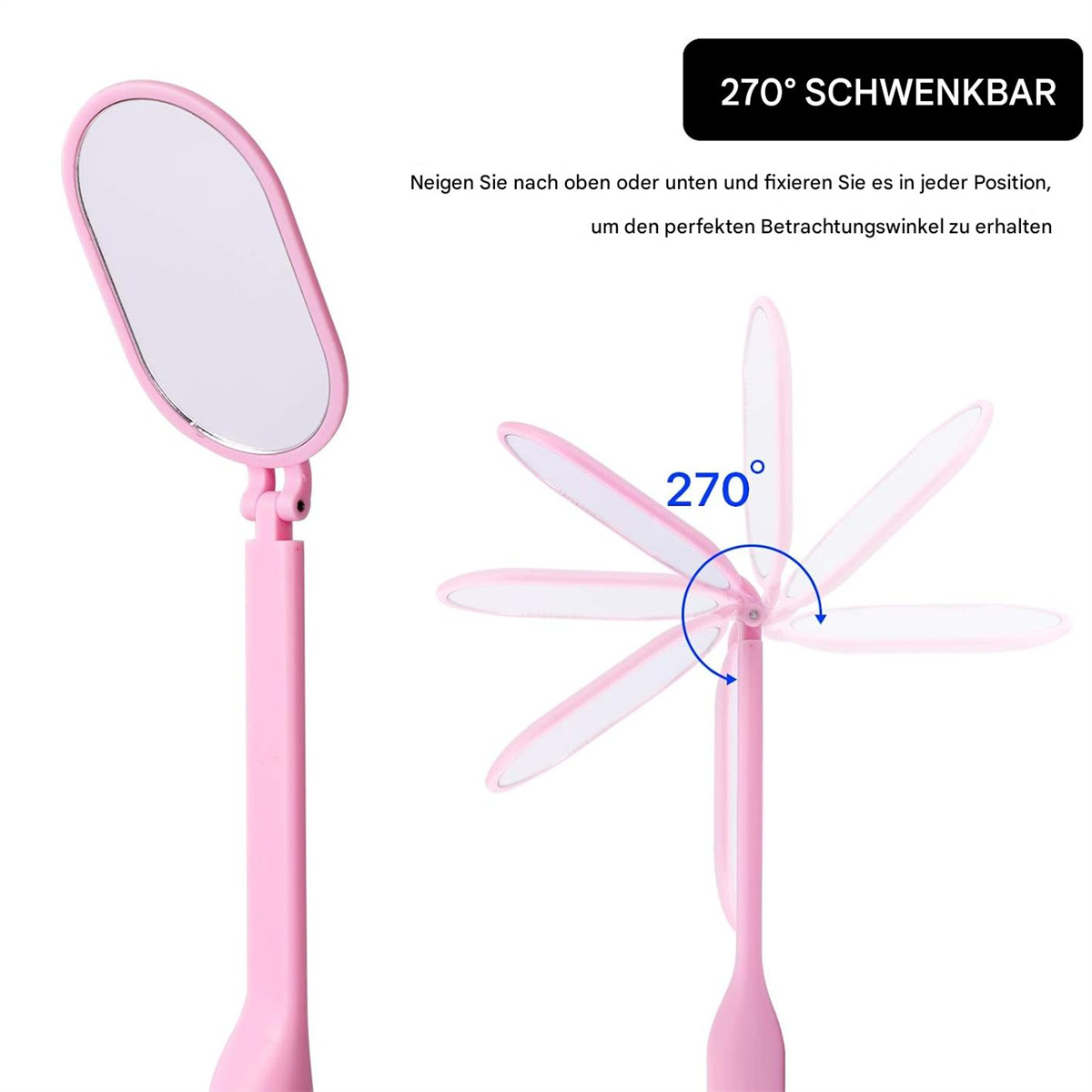 Ein rosa Schminkspiegel mit flexiblem Ständer. Der Spiegel wird in verschiedenen Winkeln gezeigt.