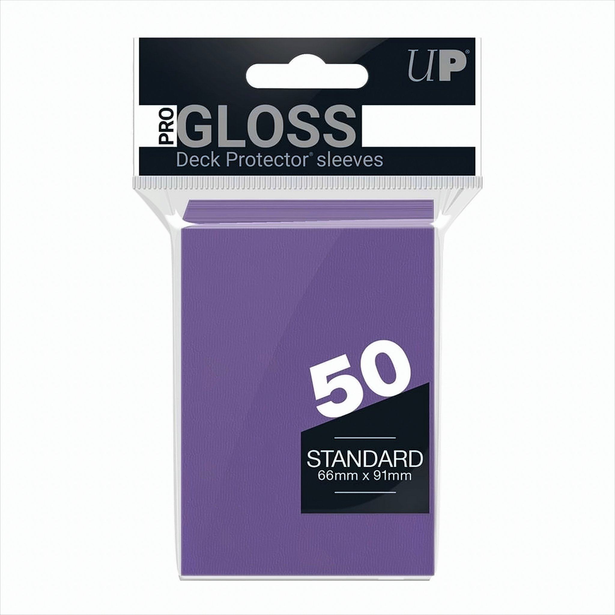 Eine Packung lila Kartenhüllen. Sie hat die Zahl 50 und gibt an, dass es eine Standardgröße ist.