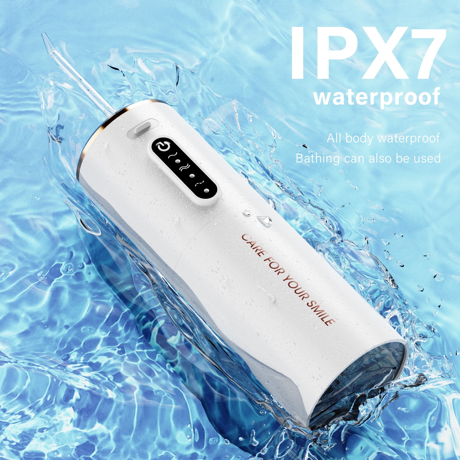 Weißer Munddusche mit Wassersprühung. Das Gerät trägt die Aufschrift 'CARE FOR YOUR SMILE'. IPX7 wasserdichtes Etikett.