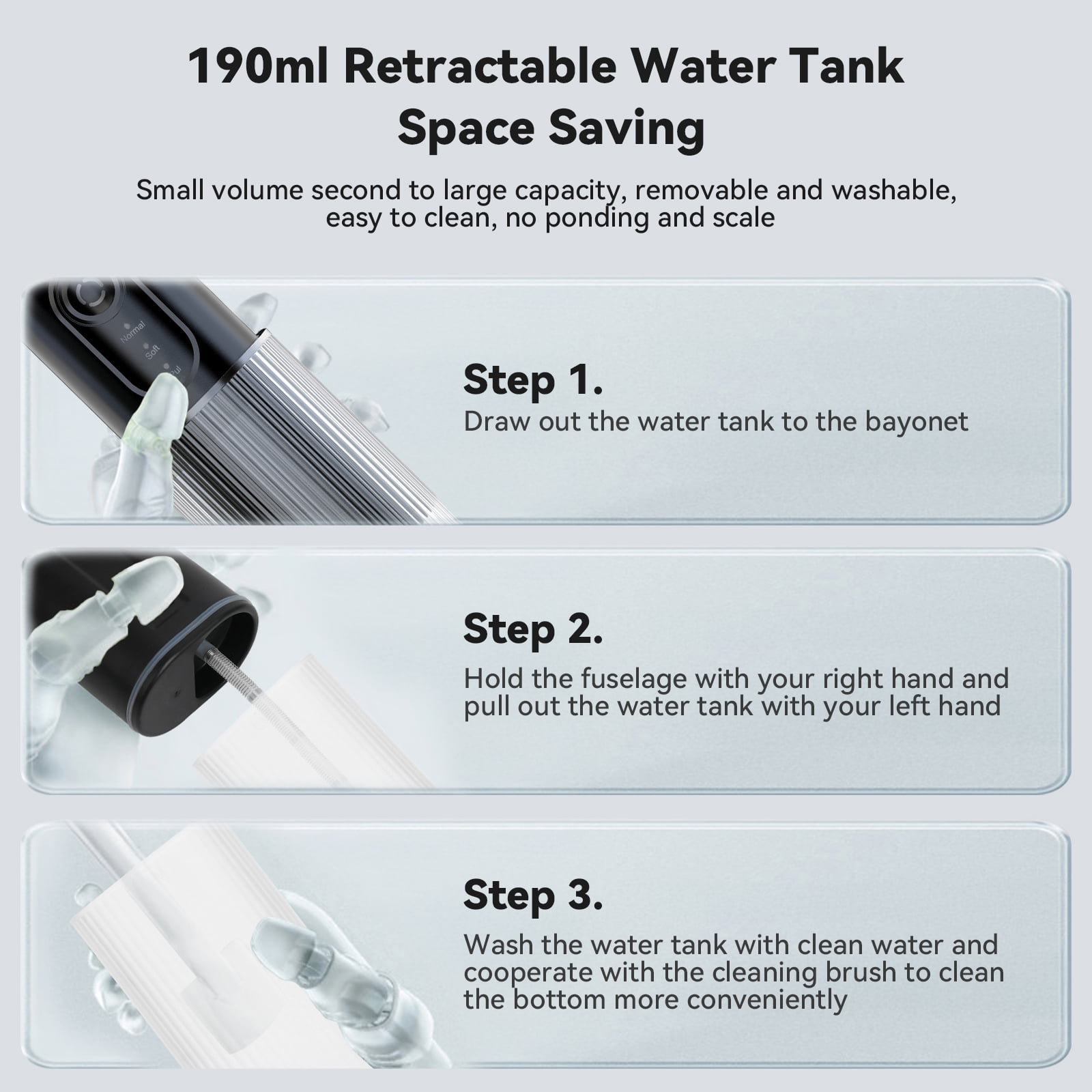 Anweisungen für einen Wassertank mit den Schritten 1, 2 und 3, die den Vorgang zeigen.