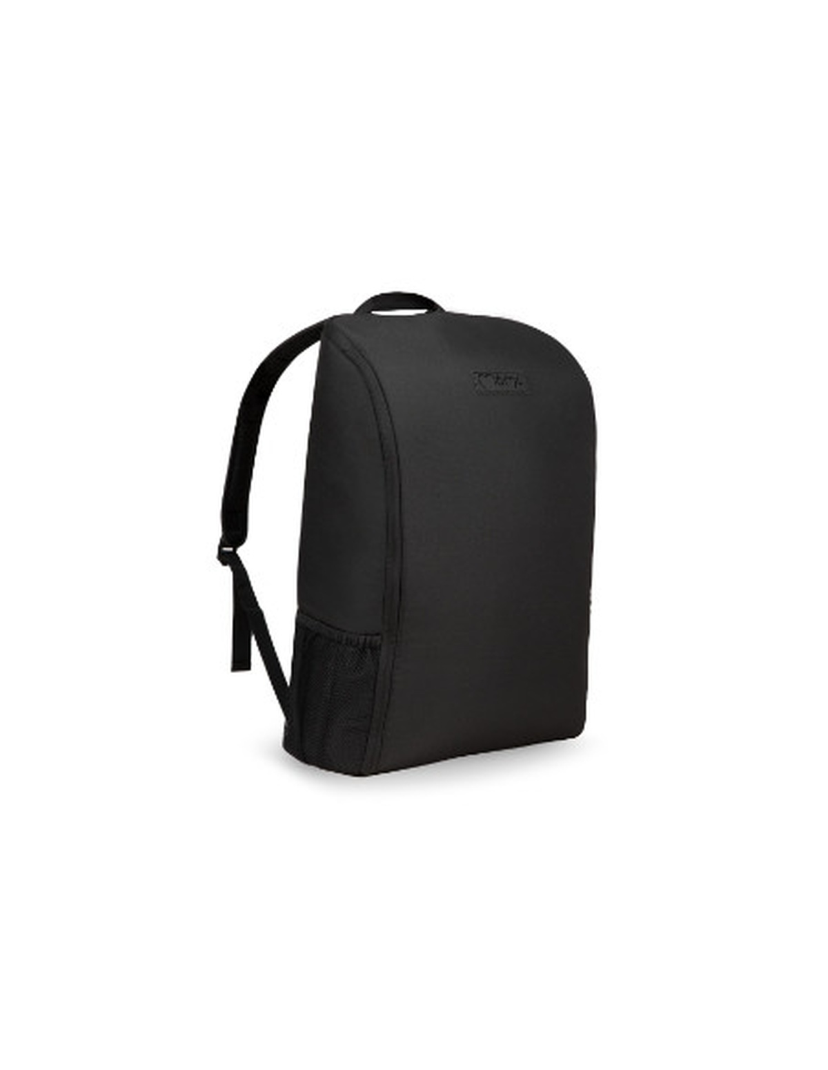 Ein schwarzer Rucksack steht vor einem weißen Hintergrund. Er hat eine gewölbte Oberseite, schwarze Träger und eine Seitentasche.