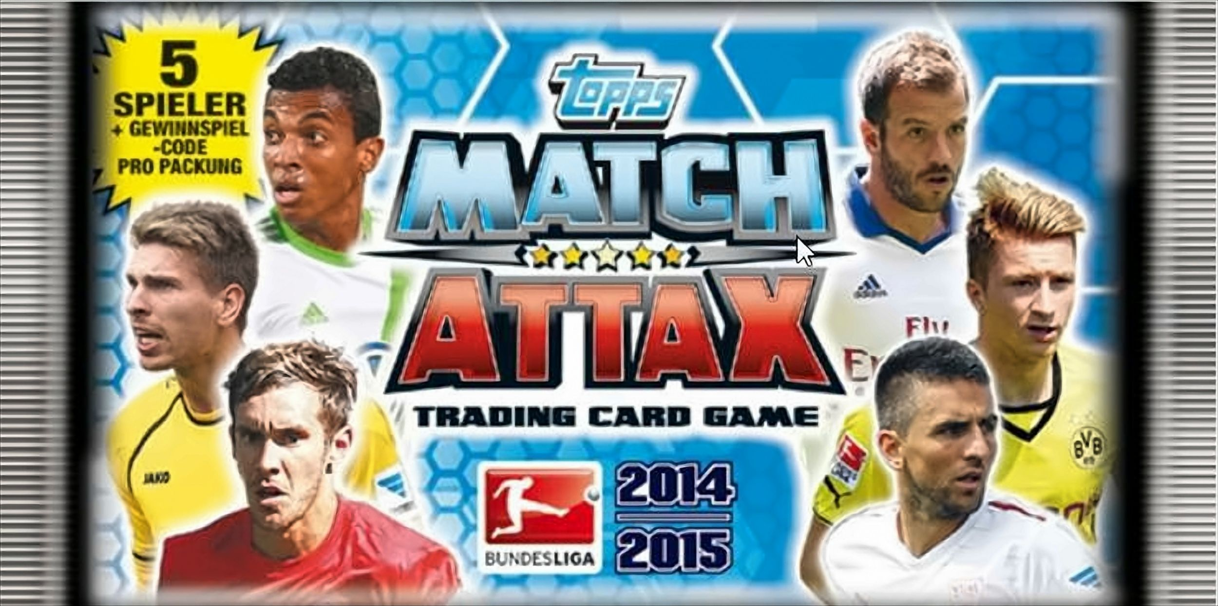 Eine Topps Match Attax Sammelkartenpackung mit Spielern, Bundesliga-Logo und Text.