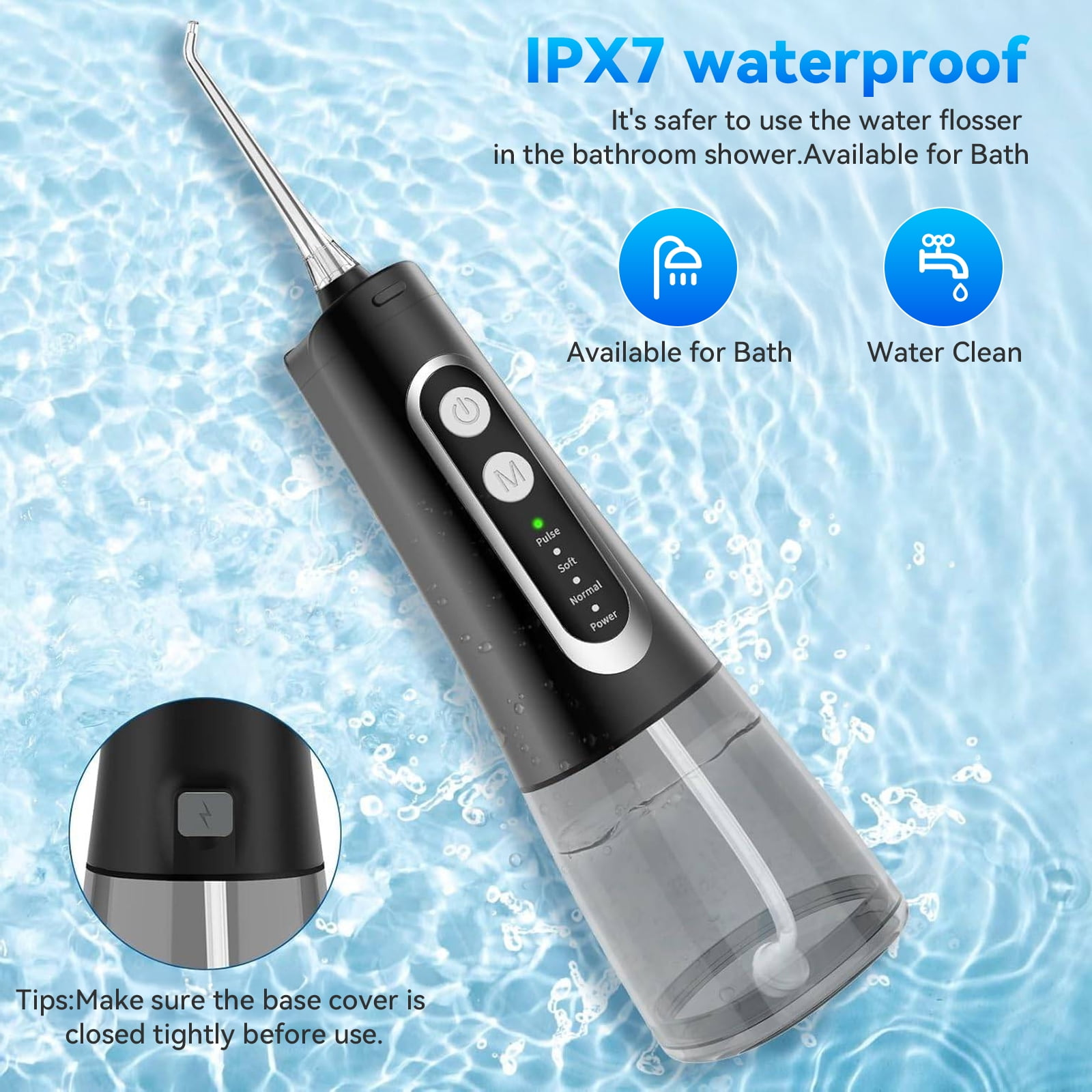 Ein schwarzer Wasser-Flosser mit langer Spitze und Wasserspritzhintergrund. Zeigt die Funktionen des Flossers.