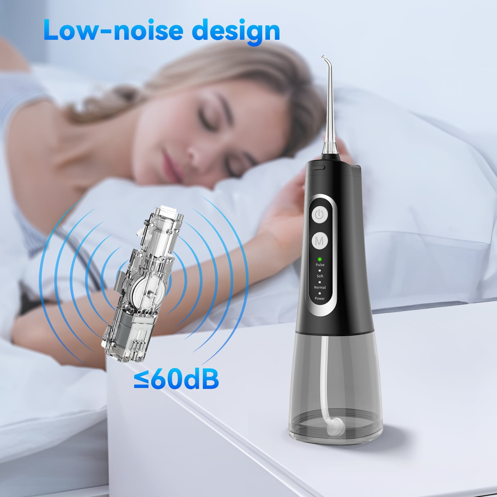 Schlafende Frau, ein Zahnirrigator auf einem Nachttisch, geräuscharmes Design.