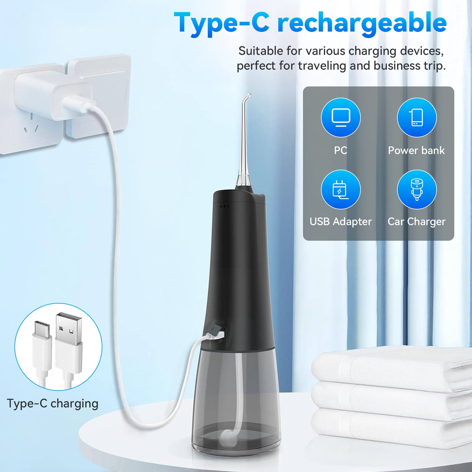 Weißer und schwarzer Munddusche, mit Lade- und Powerbank-Optionen.