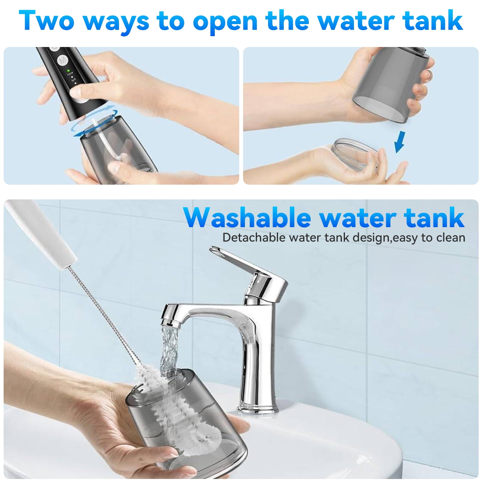 Bilder, die zeigen, wie man einen Wassertank öffnet und reinigt. Ansichten von oben und unten.