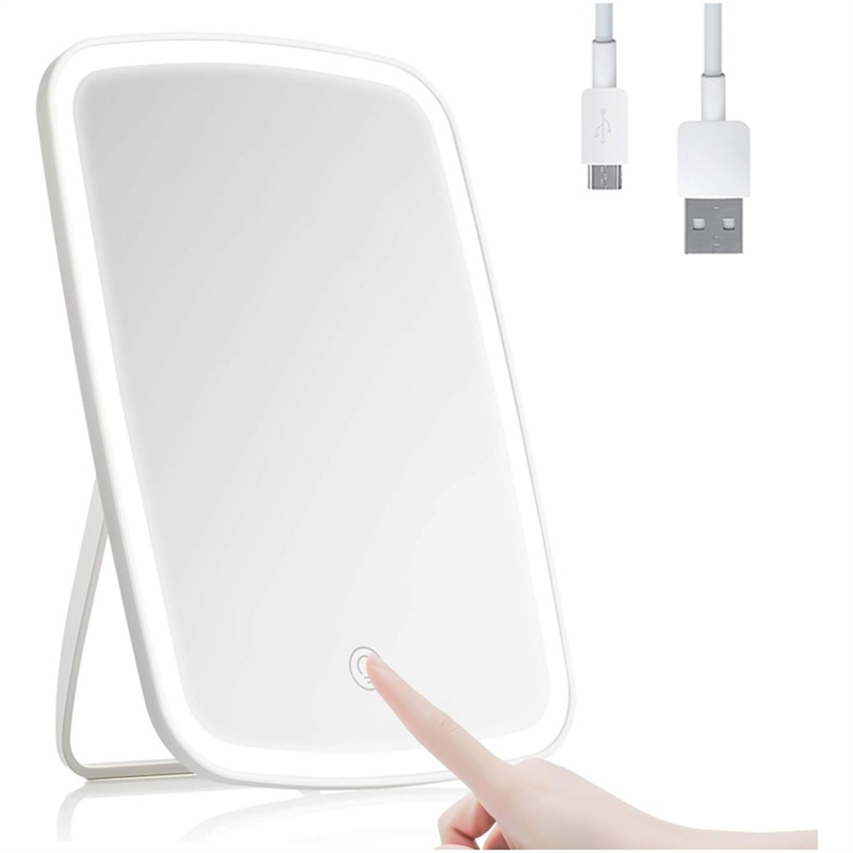 Weißer beleuchteter Schminkspiegel, Finger berührt den Einschaltknopf, USB-Kabel.