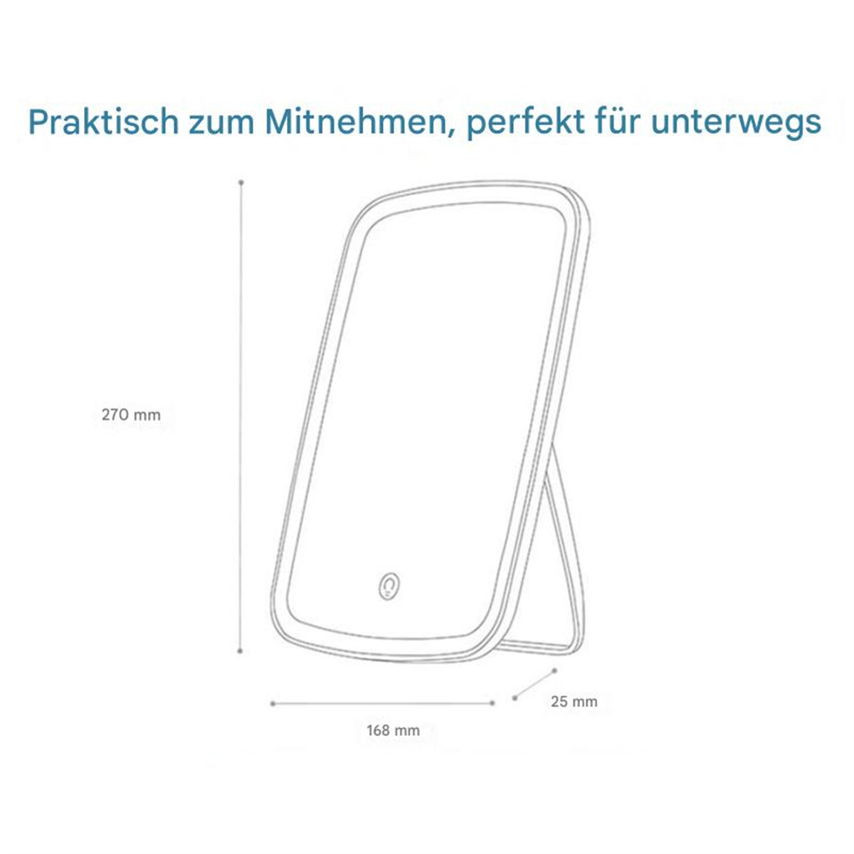 Strichzeichnung eines weißen, beleuchteten Spiegels mit Abmessungen, auf weißem Hintergrund.