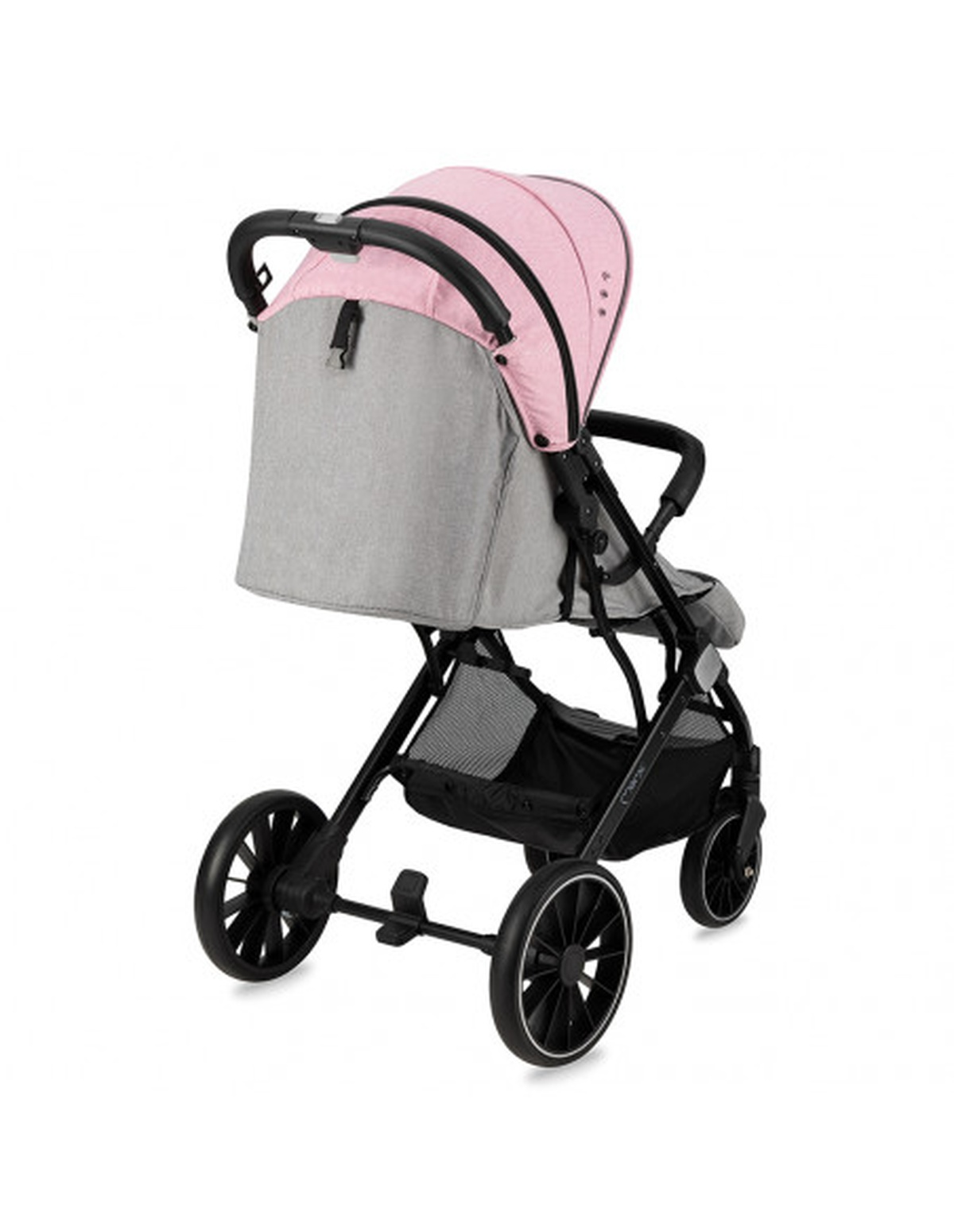Rosa-grauer Kinderwagen auf weißem Hintergrund. Er hat einen schwarzen Rahmen und Räder.