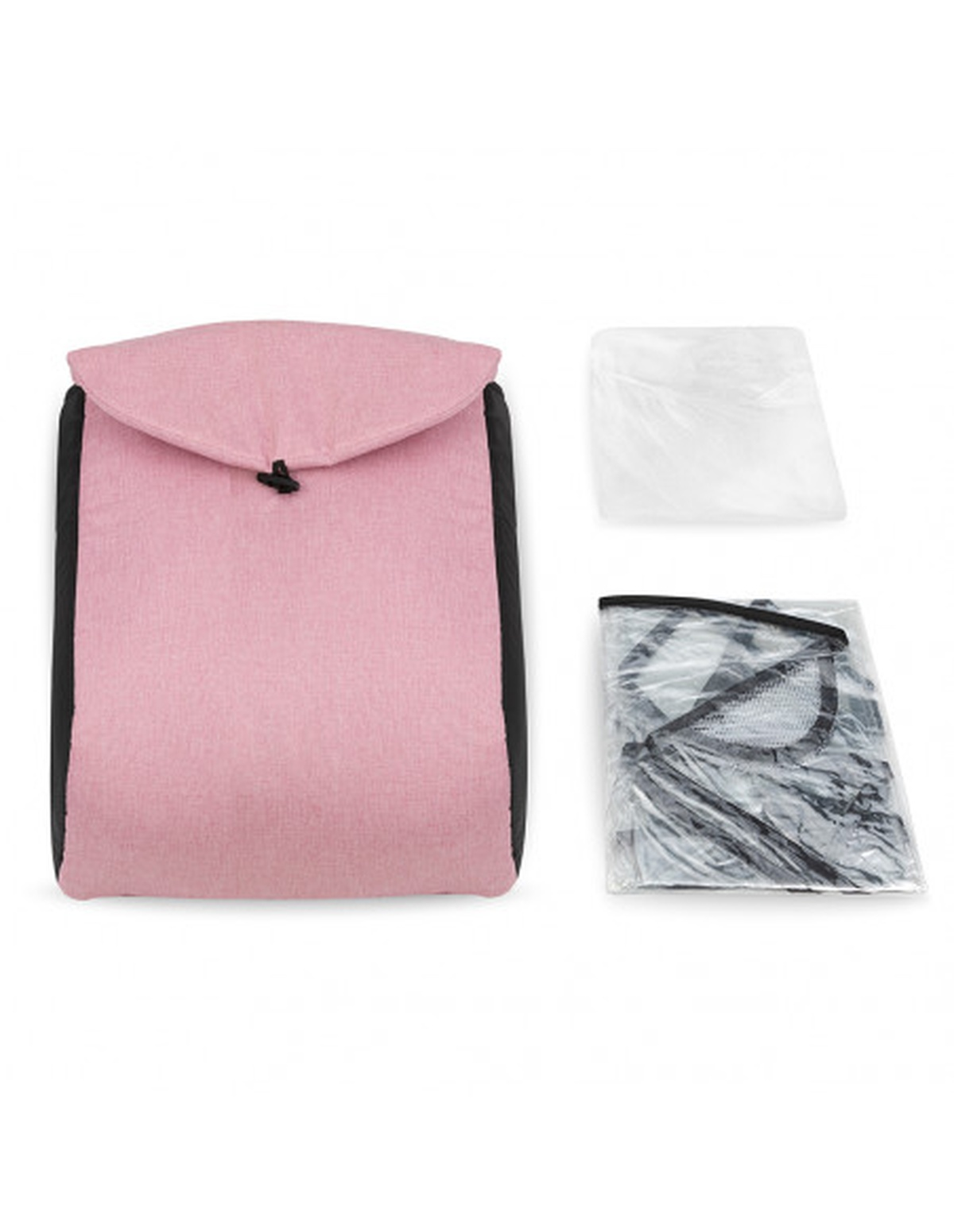 Ein rosa-schwarzes Baby-Reisesystem. Das Bild zeigt die Tragetasche und die Abdeckungen.