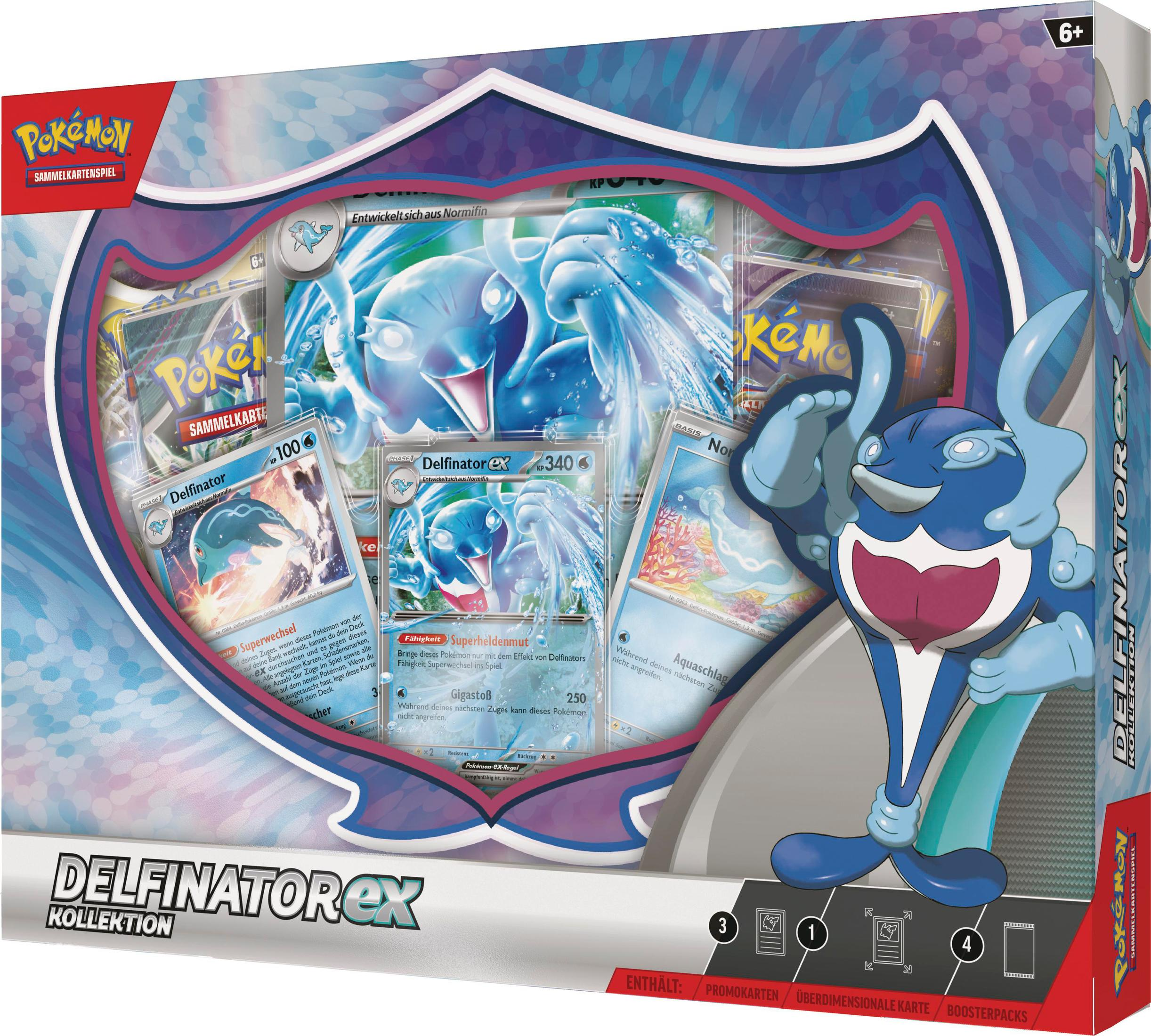 Pokemon-Sammelkarten-Set in blau-weißer Box. Box zeigt Zeichentrickfigur.
