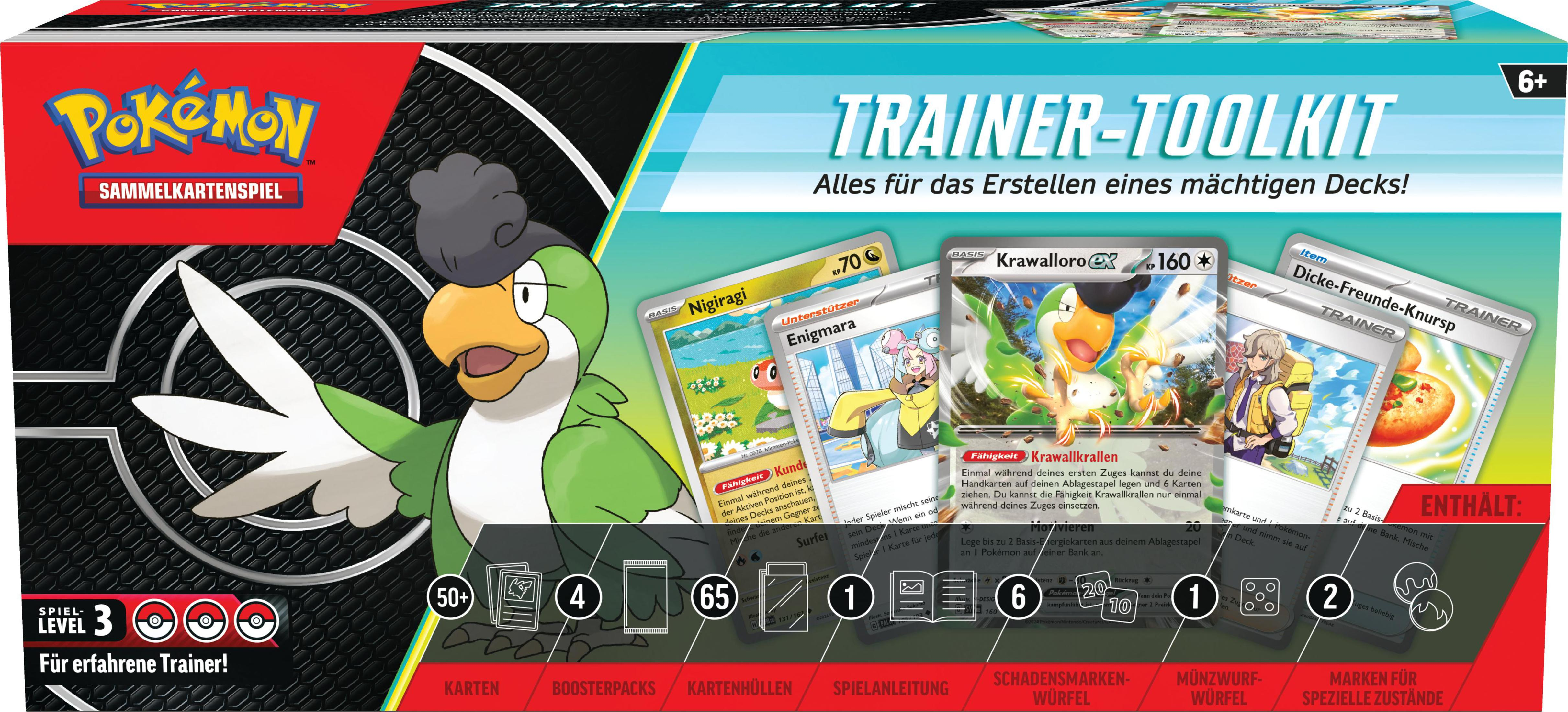 Trainer-Toolkit-Box mit Pokémon-Karten und Zubehör. Enthält Karten und Würfel.