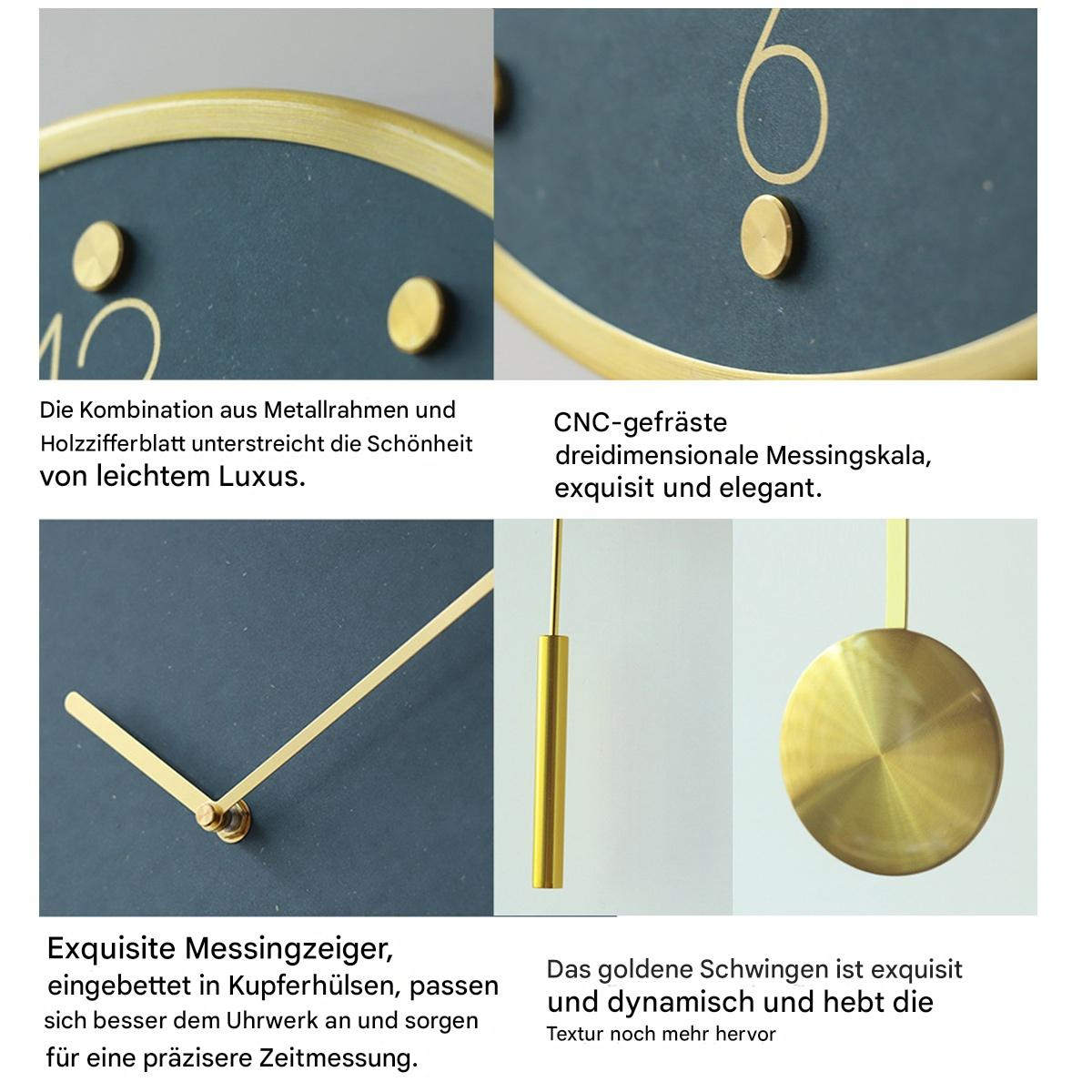 Vier Nahaufnahmen einer Uhr. Die Uhr hat ein dunkelblaues Zifferblatt mit goldenen Akzenten.