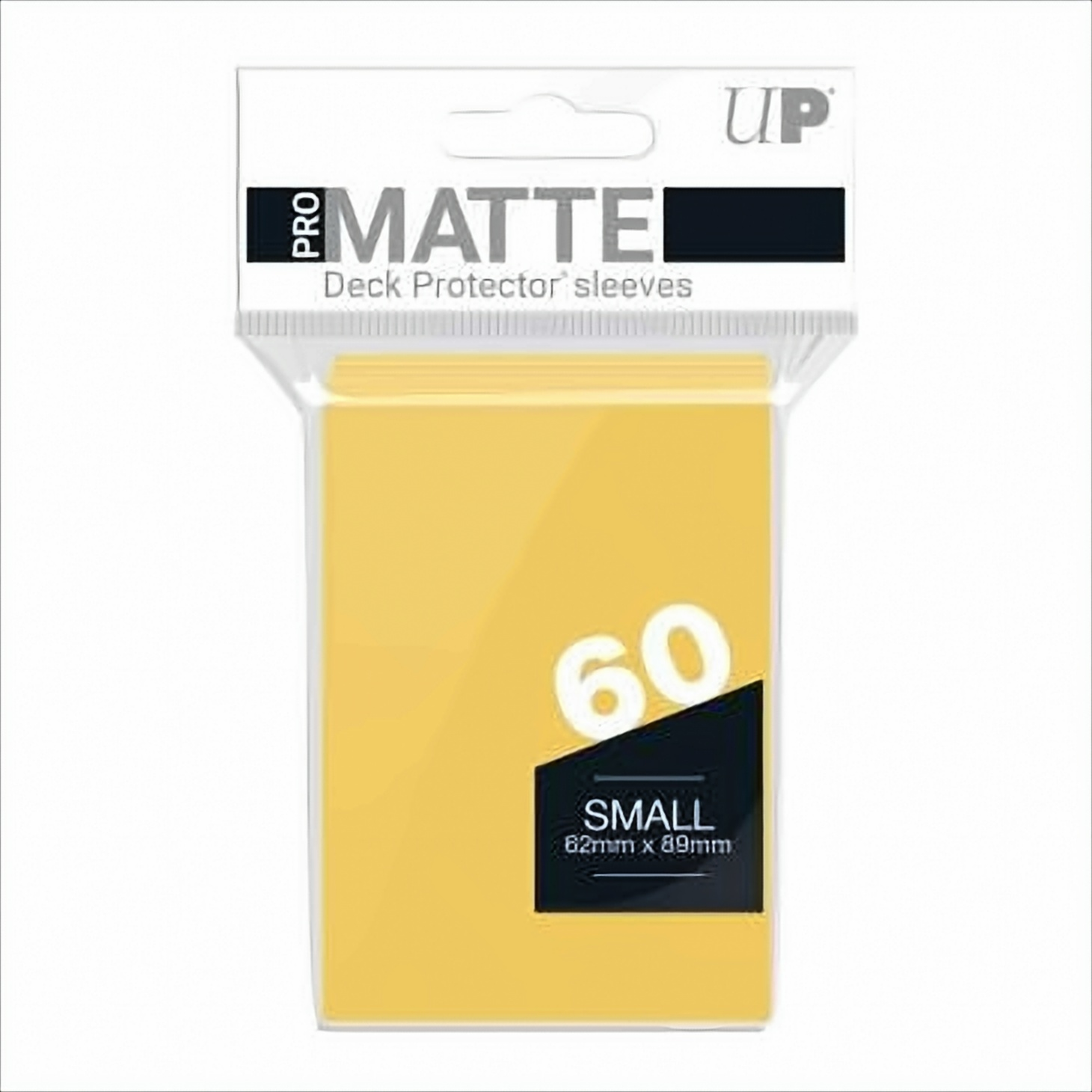 Gelbes Pro Matte Deck-Protektor-Hüllenpack. Enthält 60 kleine Hüllen mit einem kleinen schwarzen Etikett.