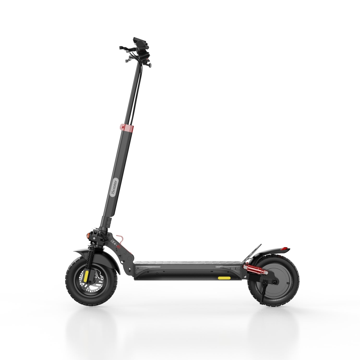 Scooter elettrico nero. Ha un lungo stelo, due ruote e una luce e un freno attaccati.