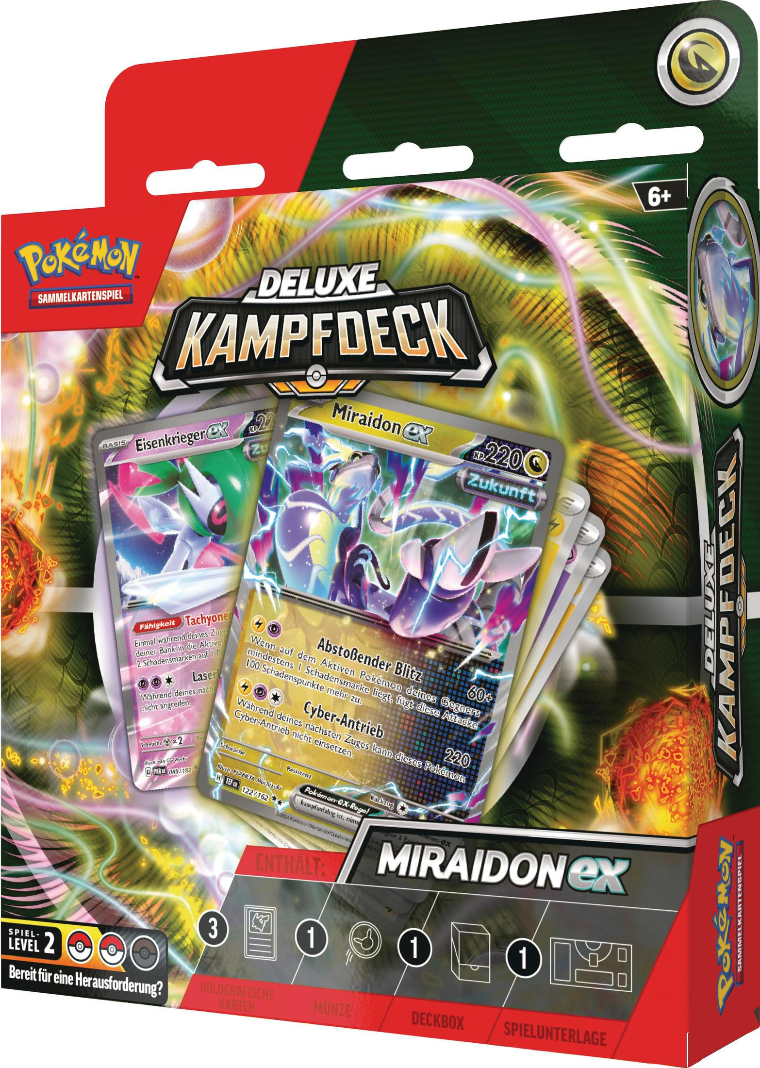 Eine Pokémon Deluxe Kampfdeck Box mit Karten und Anleitungen, mit der Miraidon EX Karte.
