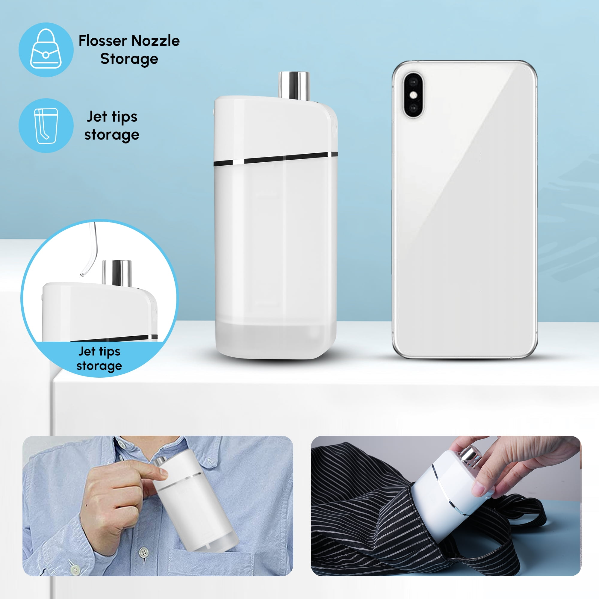 Ein weißer Munddusche und ein Telefon. Die Munddusche hat Jet-Aufsätze und eine Aufbewahrung für Zahnseidedüsen. Weiße Oberfläche.