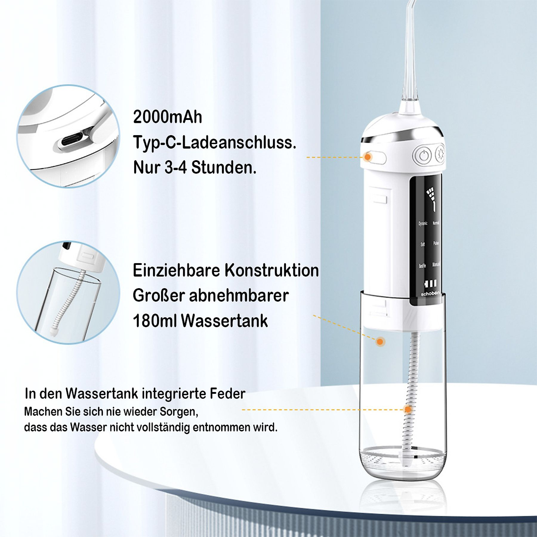 Weißer Munddusche mit transparentem Wassertank und Textbeschriftungen.