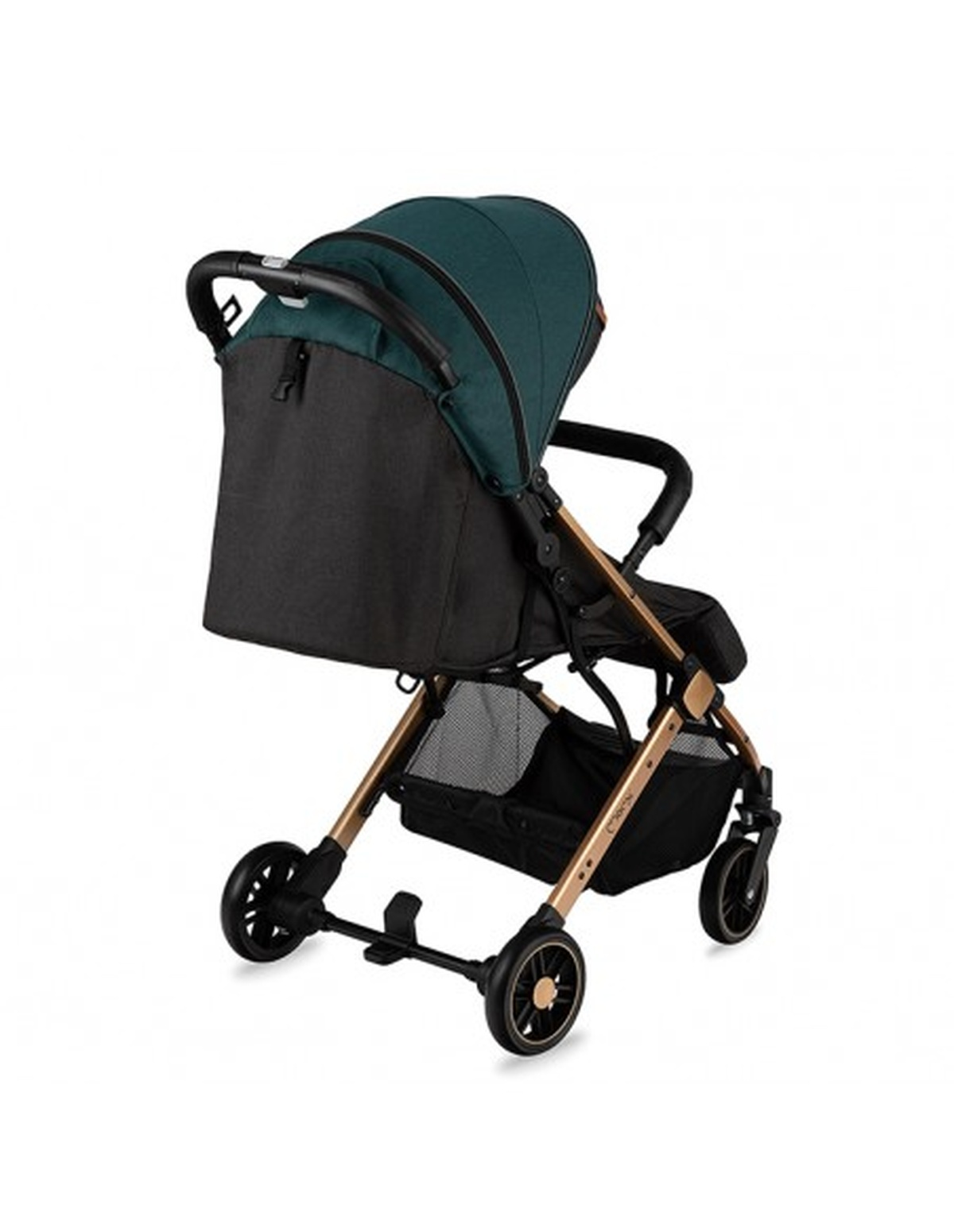 Baby-Kinderwagen mit goldenem Rahmen und dunkelgrünem und schwarzem Verdeck. Schwarze Räder und Ablagekorb.