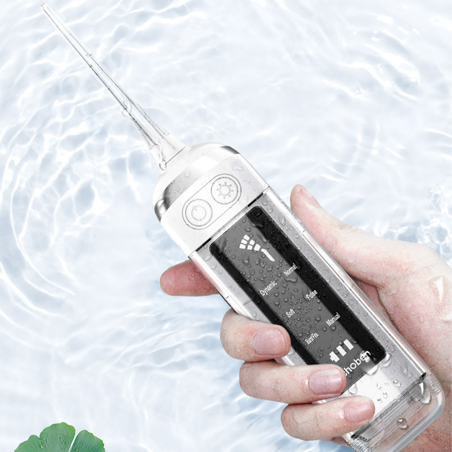 Weißer und klarer Wasserflosser im Wasser. Digitalanzeige zeigt Einstellungen. Weißer Hintergrund.