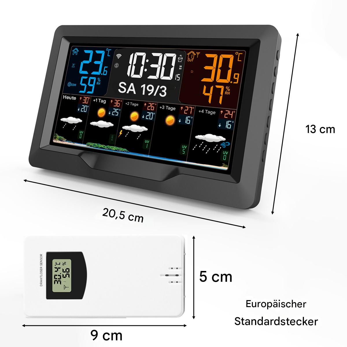 Eine Wetterstation mit Display und Sensor, einschließlich Abmessungen.