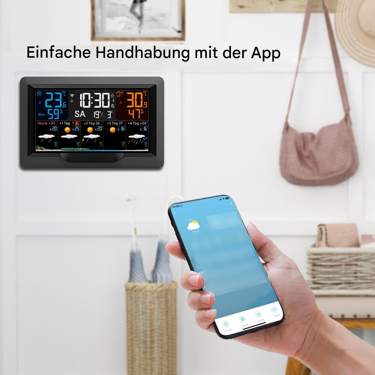 Wetterstation und Telefon. Das Telefon zeigt Wetterinfos an. Text sagt, einfache Handhabung mit der App.