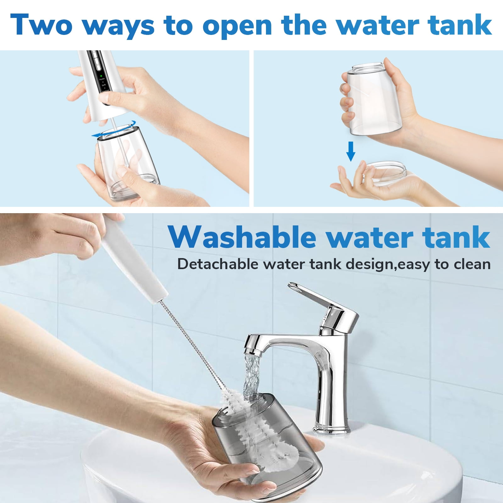 Bilder, die zeigen, wie man einen Wasserflosser öffnet und reinigt. Eines zeigt das Öffnen, ein anderes die Reinigung mit einer Bürste.