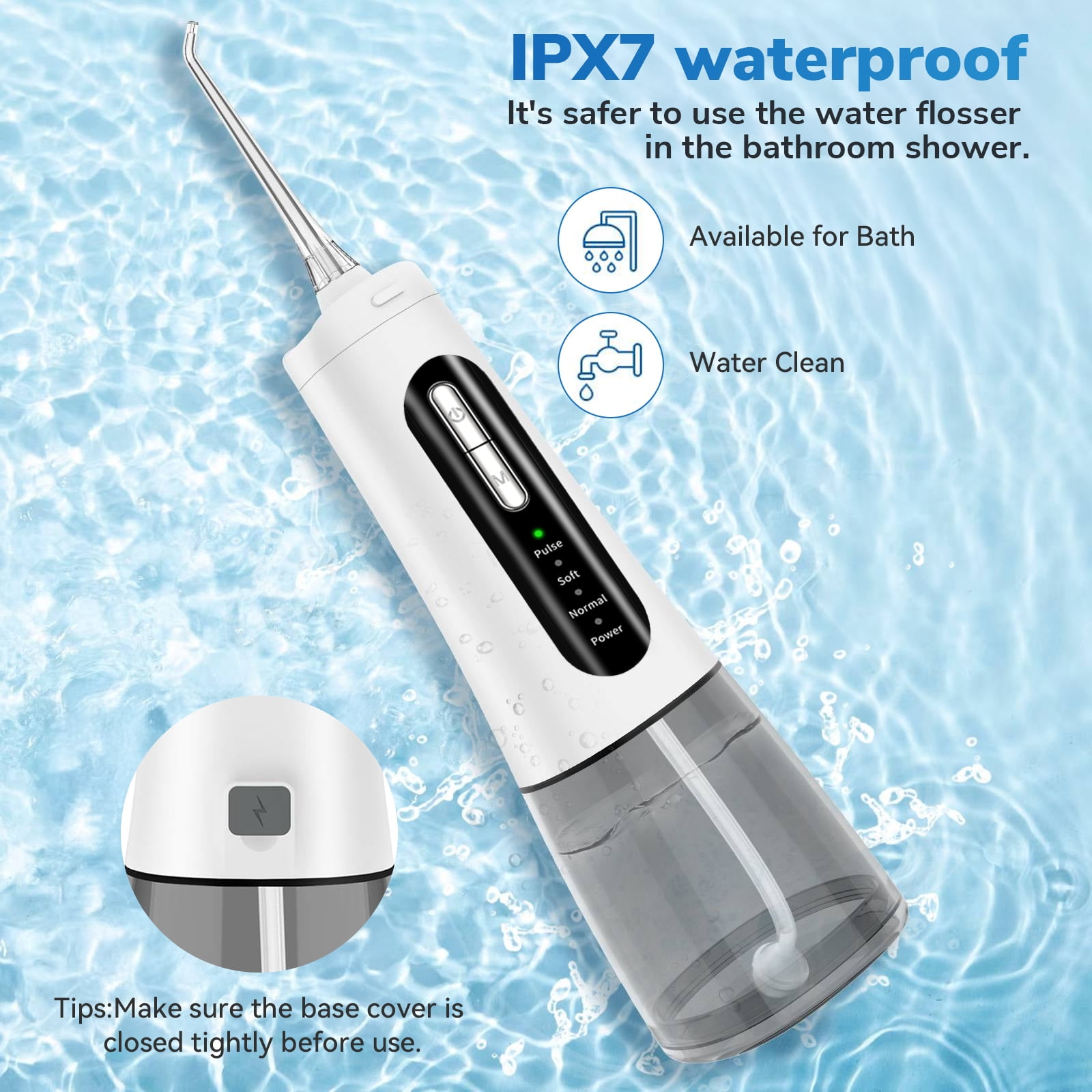 Weißer und grauer Wasserflosser. Hintergrund mit Wassertropfen. Text: IPX7 wasserdicht. Für Bad und Wasserreinigung.