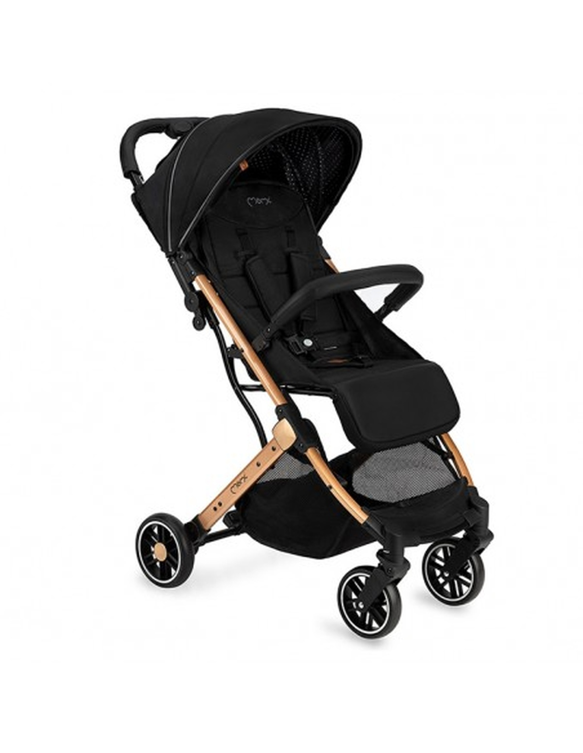 Schwarzer Kinderwagen. Schwarzes Verdeck, goldener Rahmen, schwarzer Sitz. Vier Räder, Ablagekorb darunter.