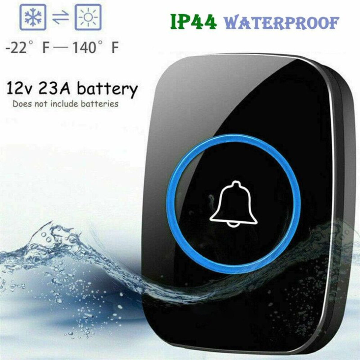 Schwarze Türklingel mit blauem Ring und Glockensymbol, neben Wasserspritzer. Text 'IP44 WATERPROOF'.