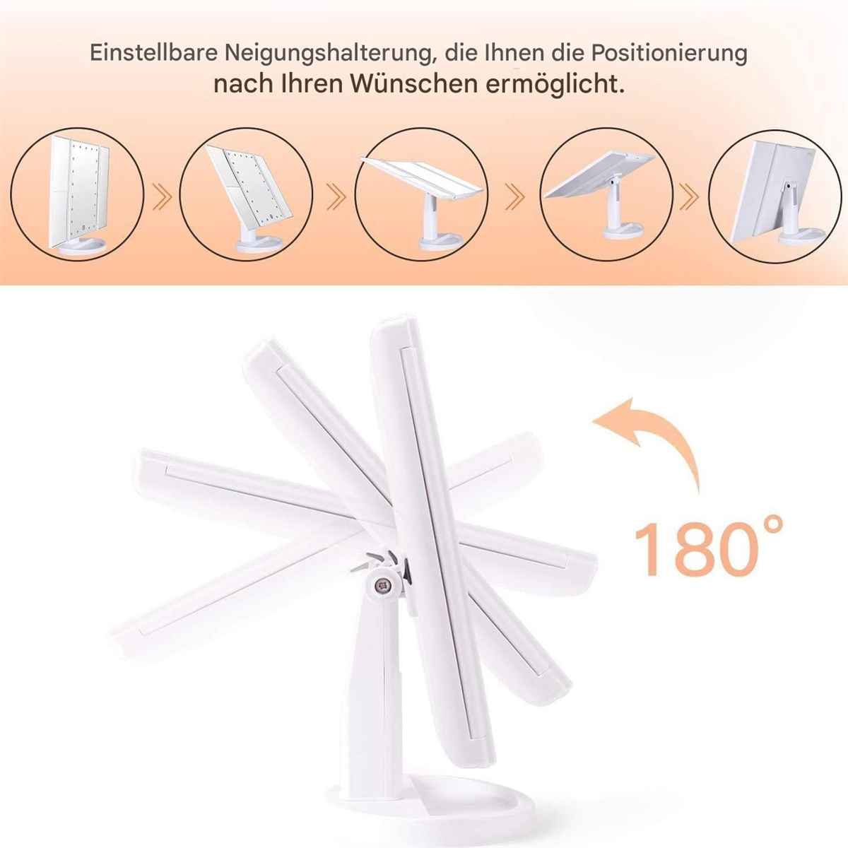 Weißer, verstellbarer Schminkspiegel mit mehreren Winkeln, mit Diagrammen und Text.