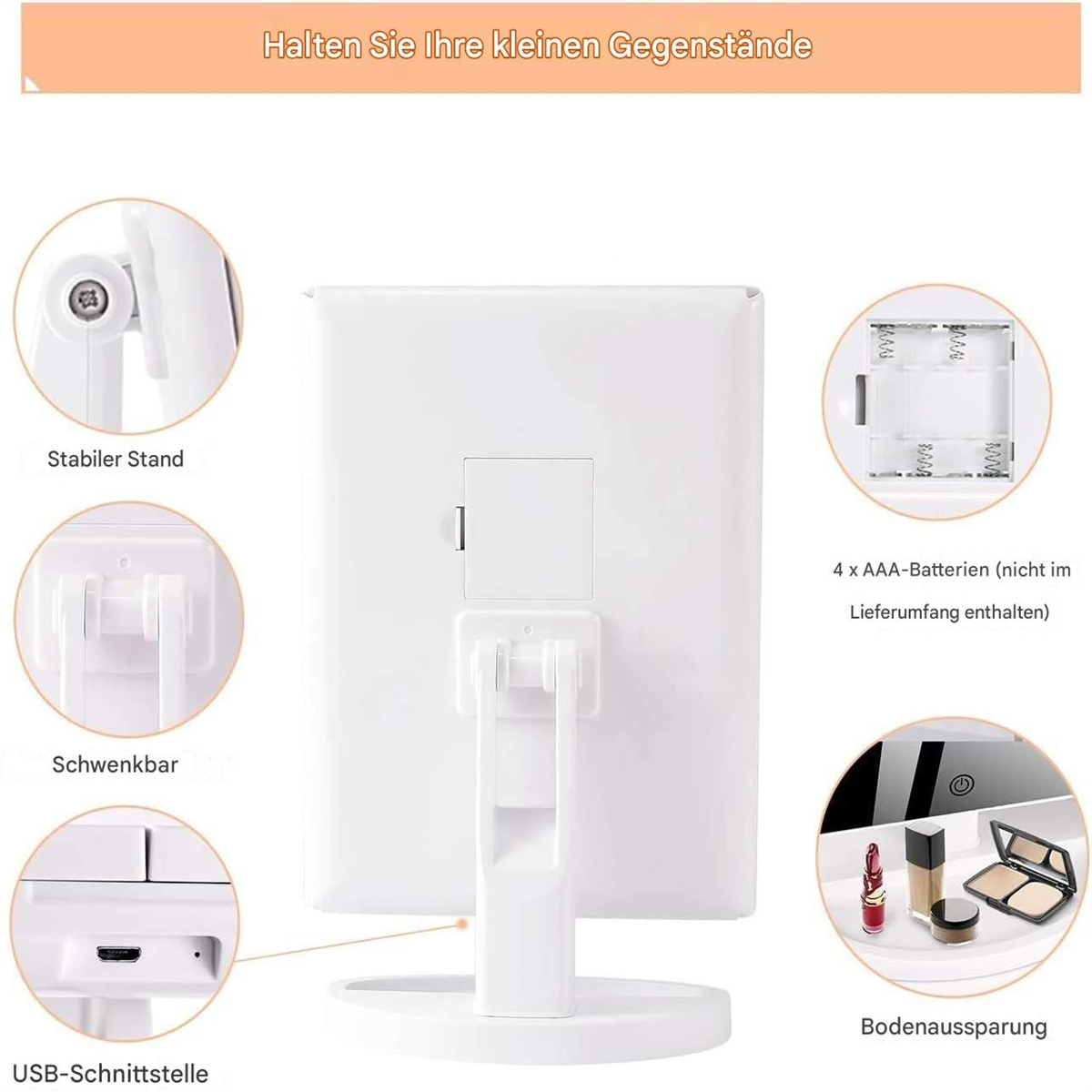 Ein weißer, quadratischer Schminkspiegel mit Ständer, Nahaufnahmen von Ständer und Batteriefach.