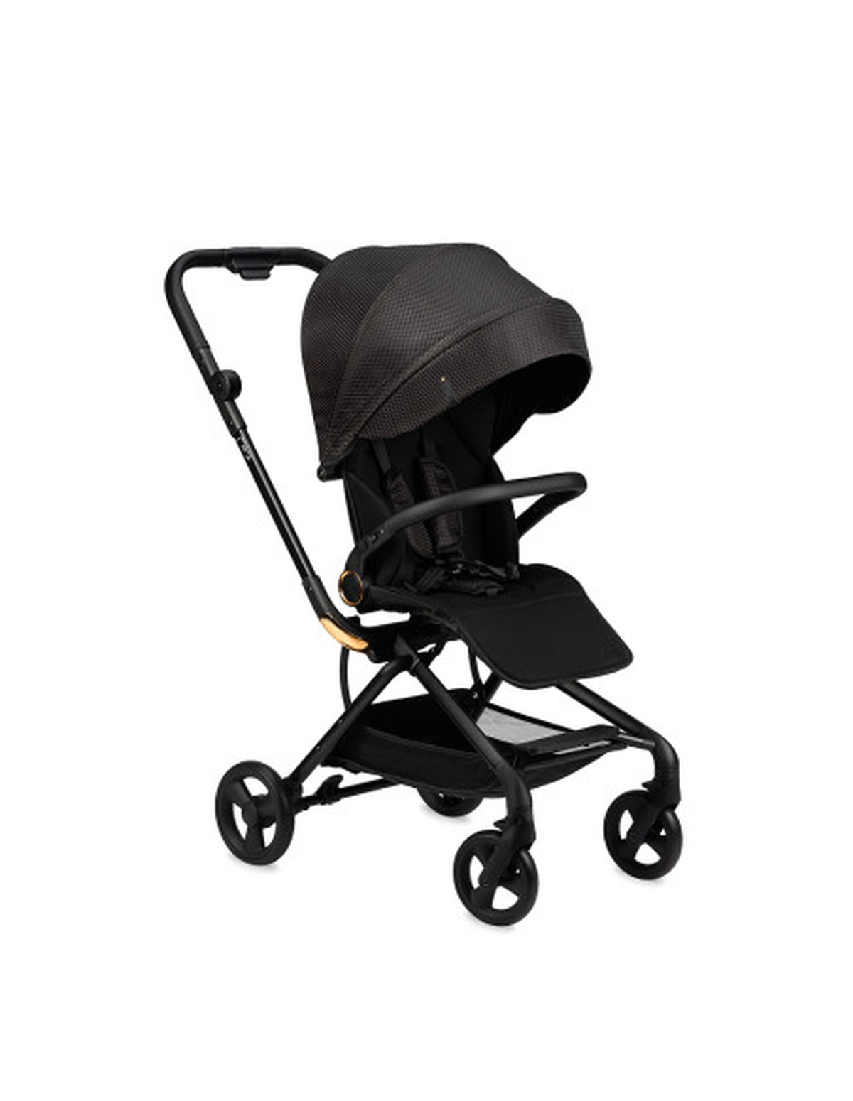Schwarzer Kinderwagen mit Verdeck. Vier Räder und ein Lenker. Der Hintergrund ist weiß.