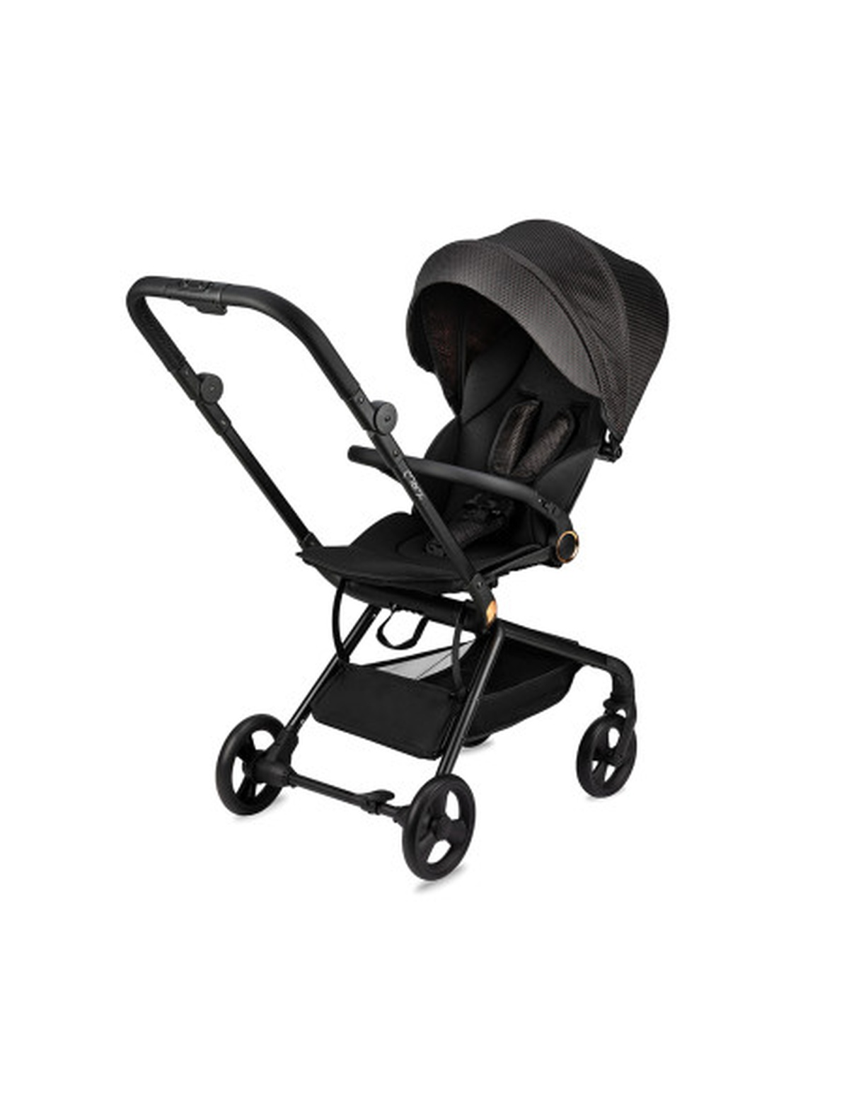 Ein schwarzer Kinderwagen mit schwarzem Verdeck vor weißem Hintergrund.