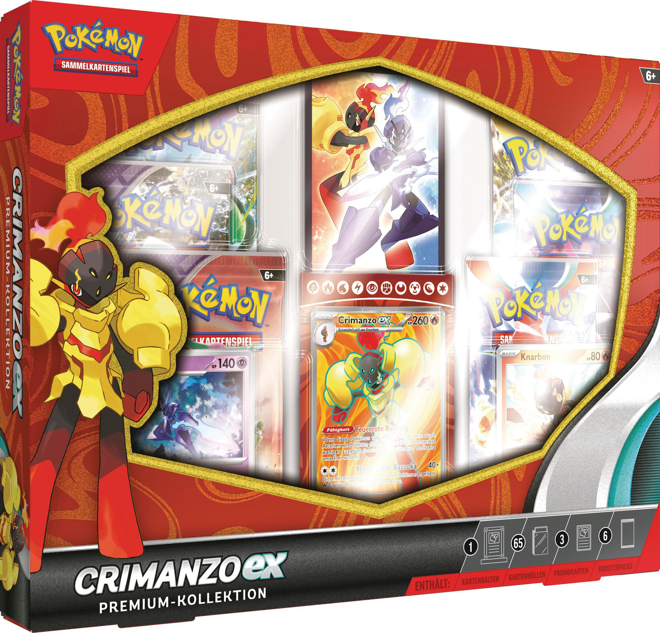 Pokemon Crimson ex Premium Collection Box mit mehreren Booster-Packs und Sammelkarten.
