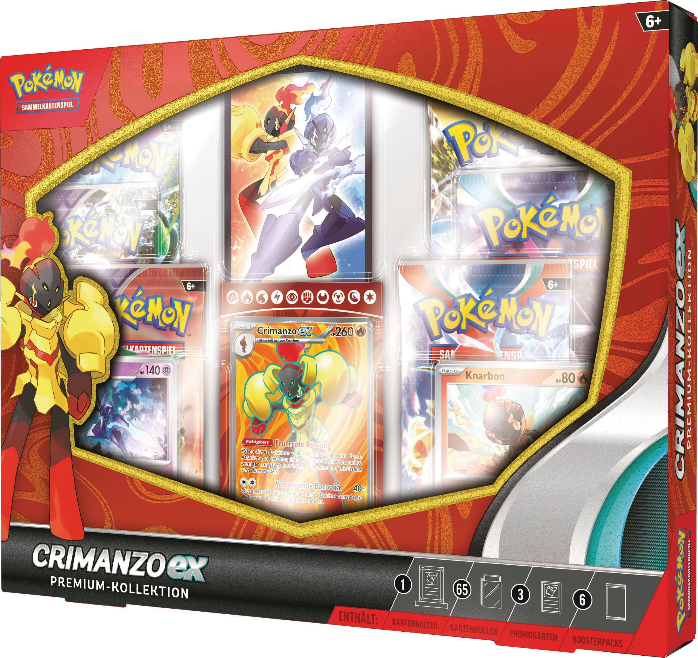 Crimanzo ex Pokemon-Kartenset in einer roten, goldenen und weißen Box mit sichtbaren Karten.