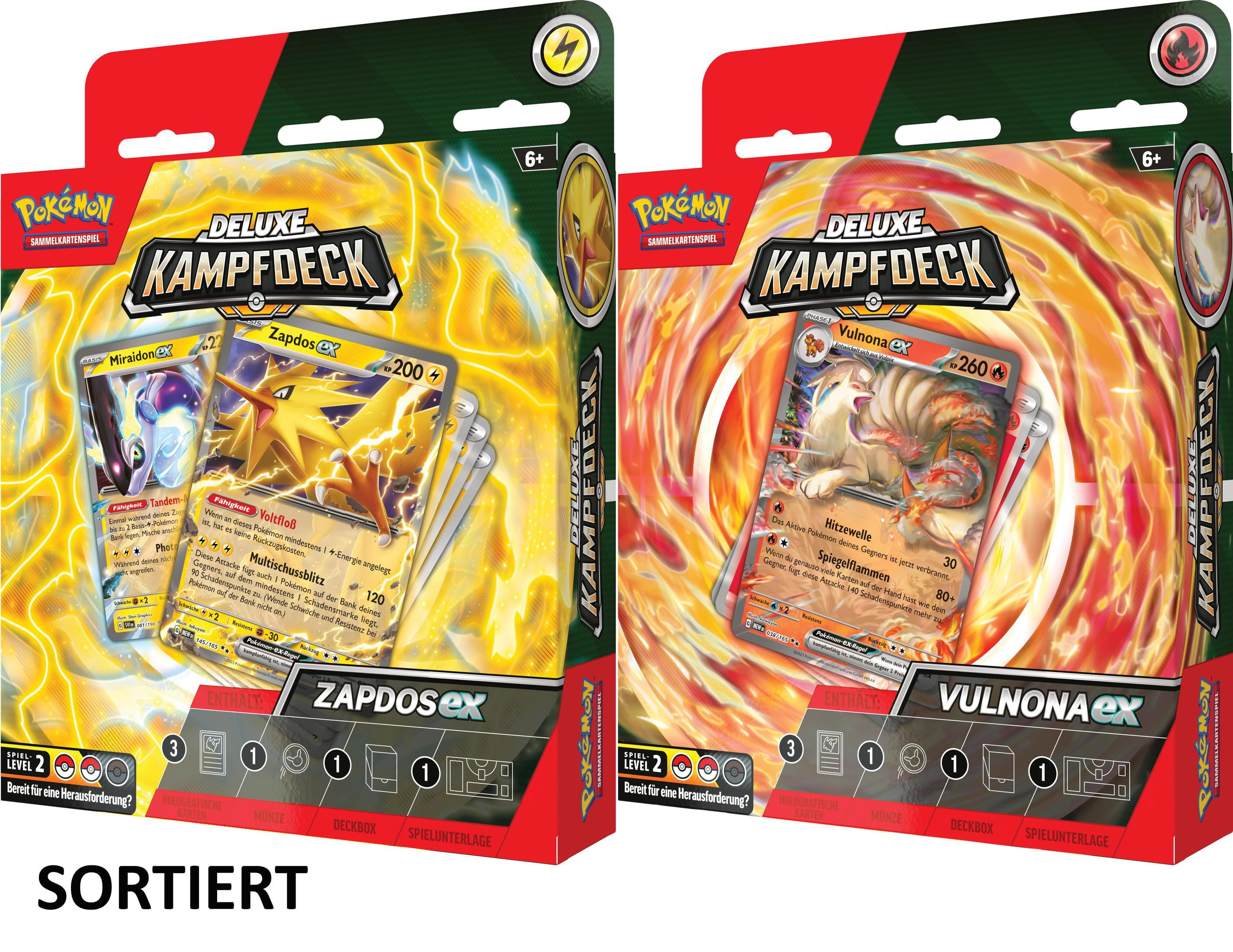 Zwei Pokémon-Kartenspielboxen. Eine zeigt Zapdos, die andere Vulnonna. Beide sind in einem Wirbelwind.