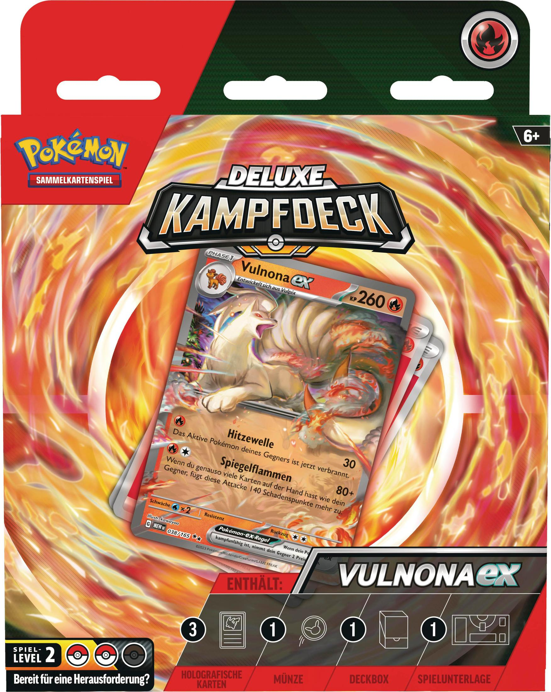 Pokémon-Sammelkartenpack. Es zeigt eine Karte mit einem flammenartigen Wesen darauf.
