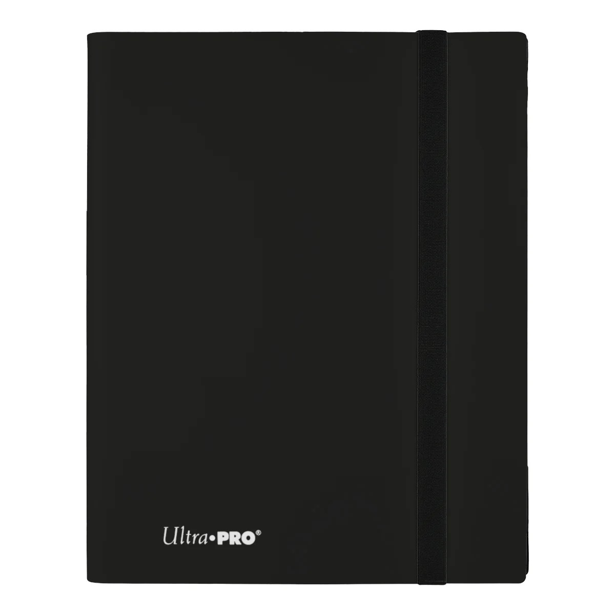 Un raccoglitore di carte Ultra Pro nero con una fascia elastica nera. Il raccoglitore è chiuso, con il logo Ultra Pro visibile.