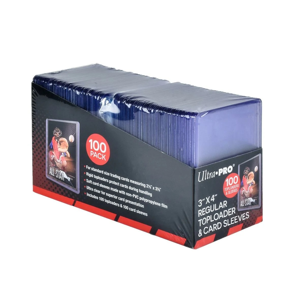 Ultra Pro Toploader- und Kartenhüllenbox, mit Text zum Schutz der Karten während der Handhabung.