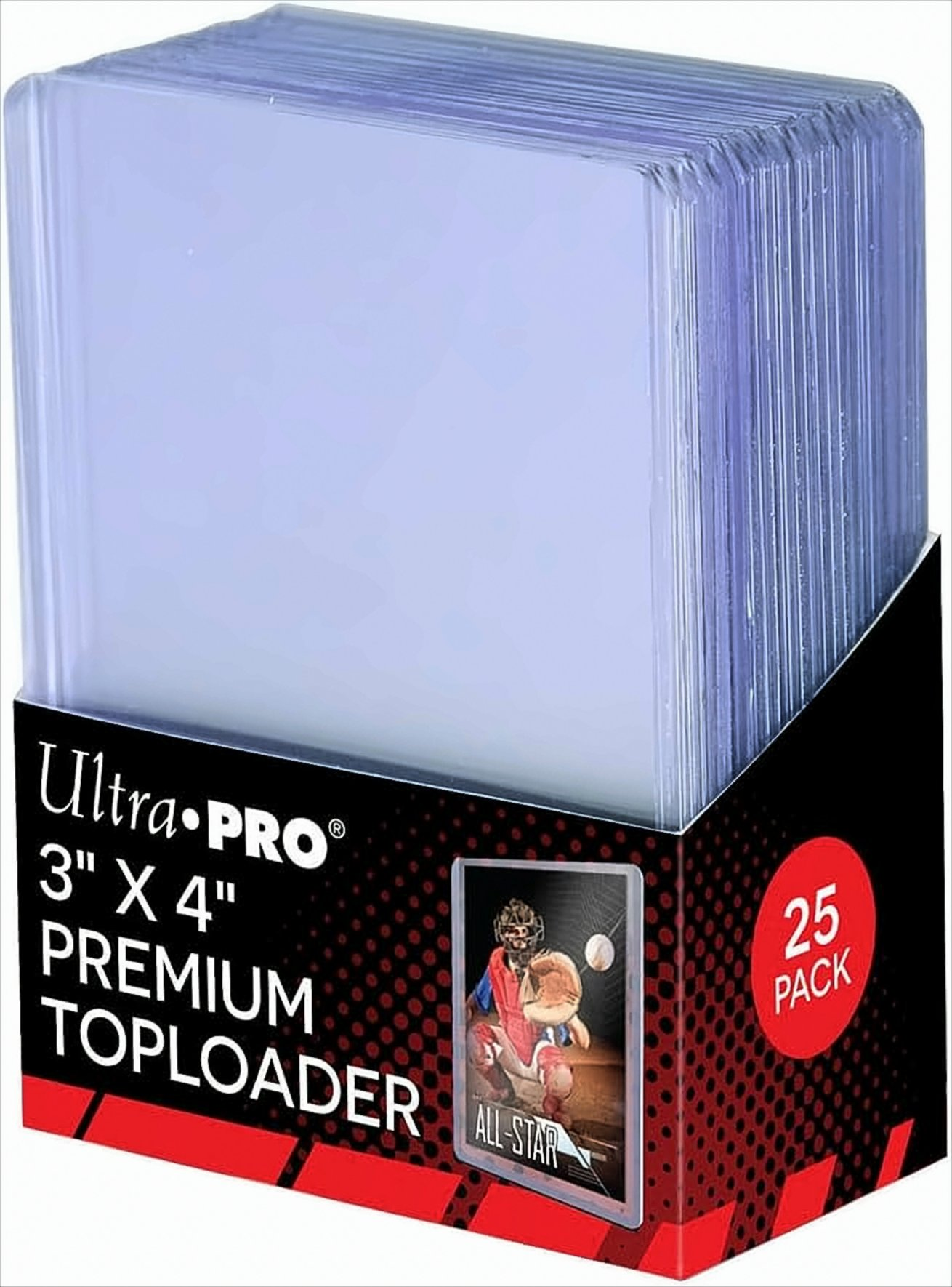 Stapel klarer Kartenhüllen in einer Box mit Ultra Pro-Logo und einer Baseballkarte.