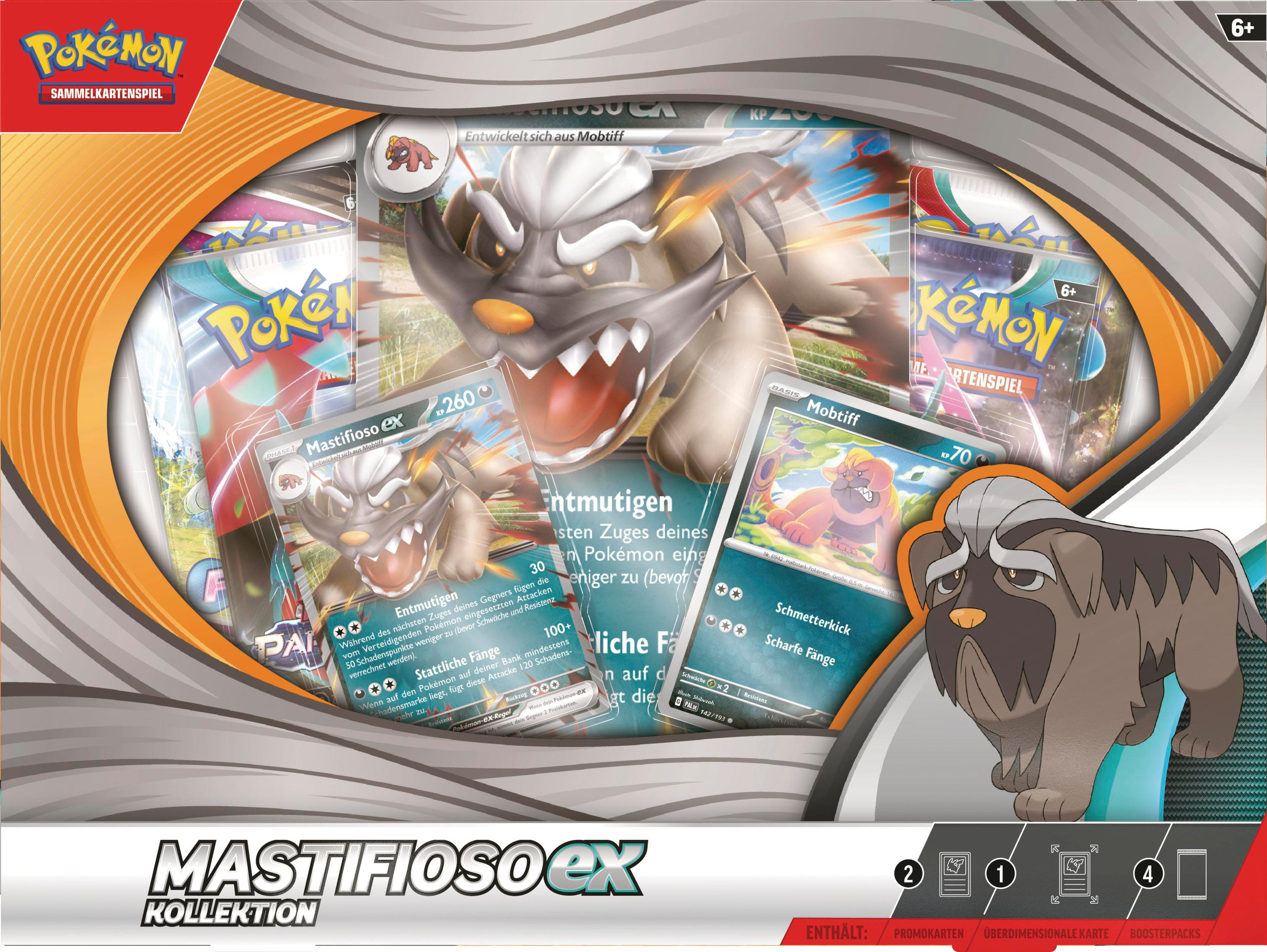 Ein Pokemon-Kartenset mit einer großen Monsterkarte und Packs, mit einem Boxdesign in Orange und Weiß.