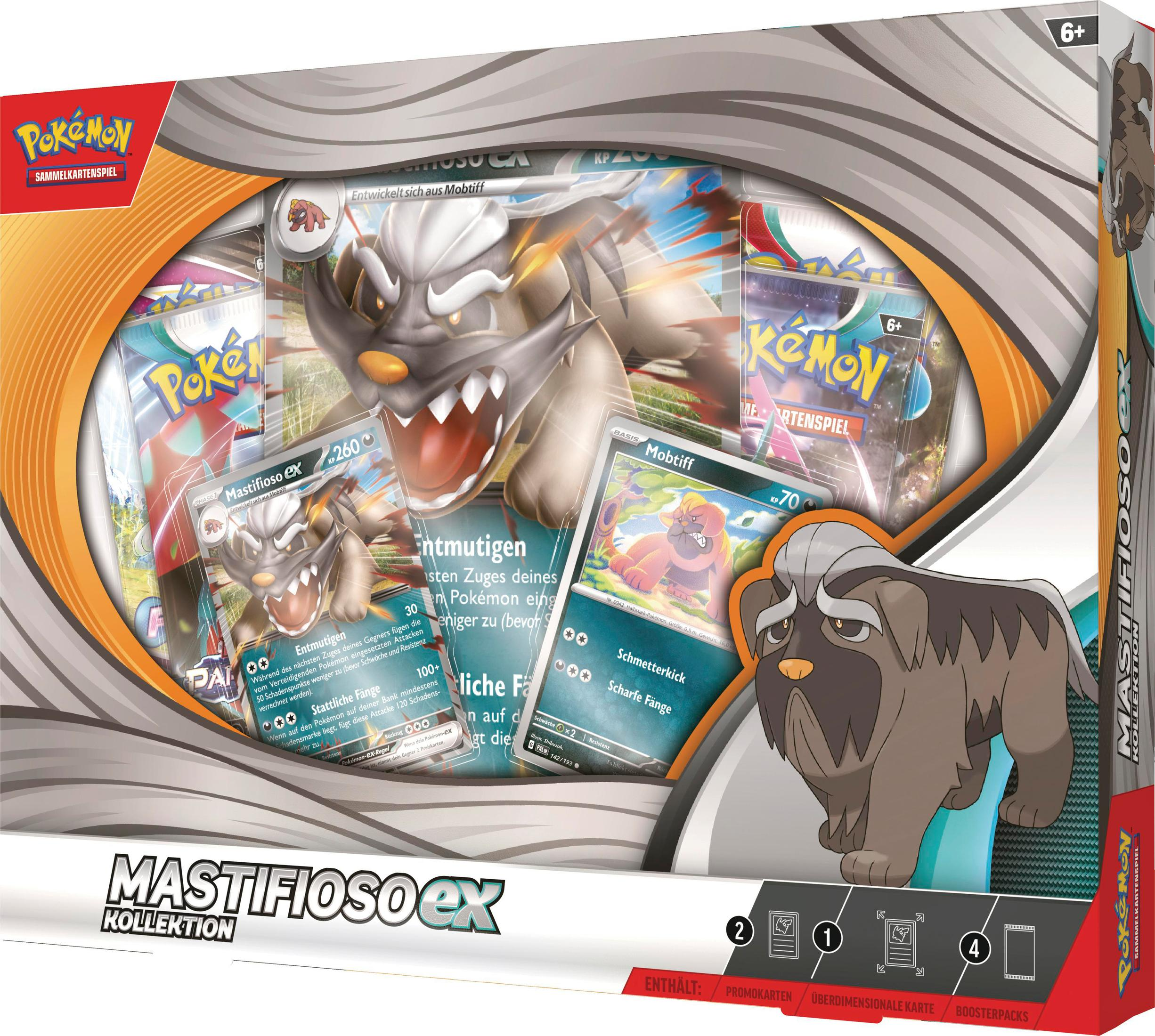 Eine Pokémon-Kartenbox mit einer großen Monsterillustration. Karten und Packs sind sichtbar.