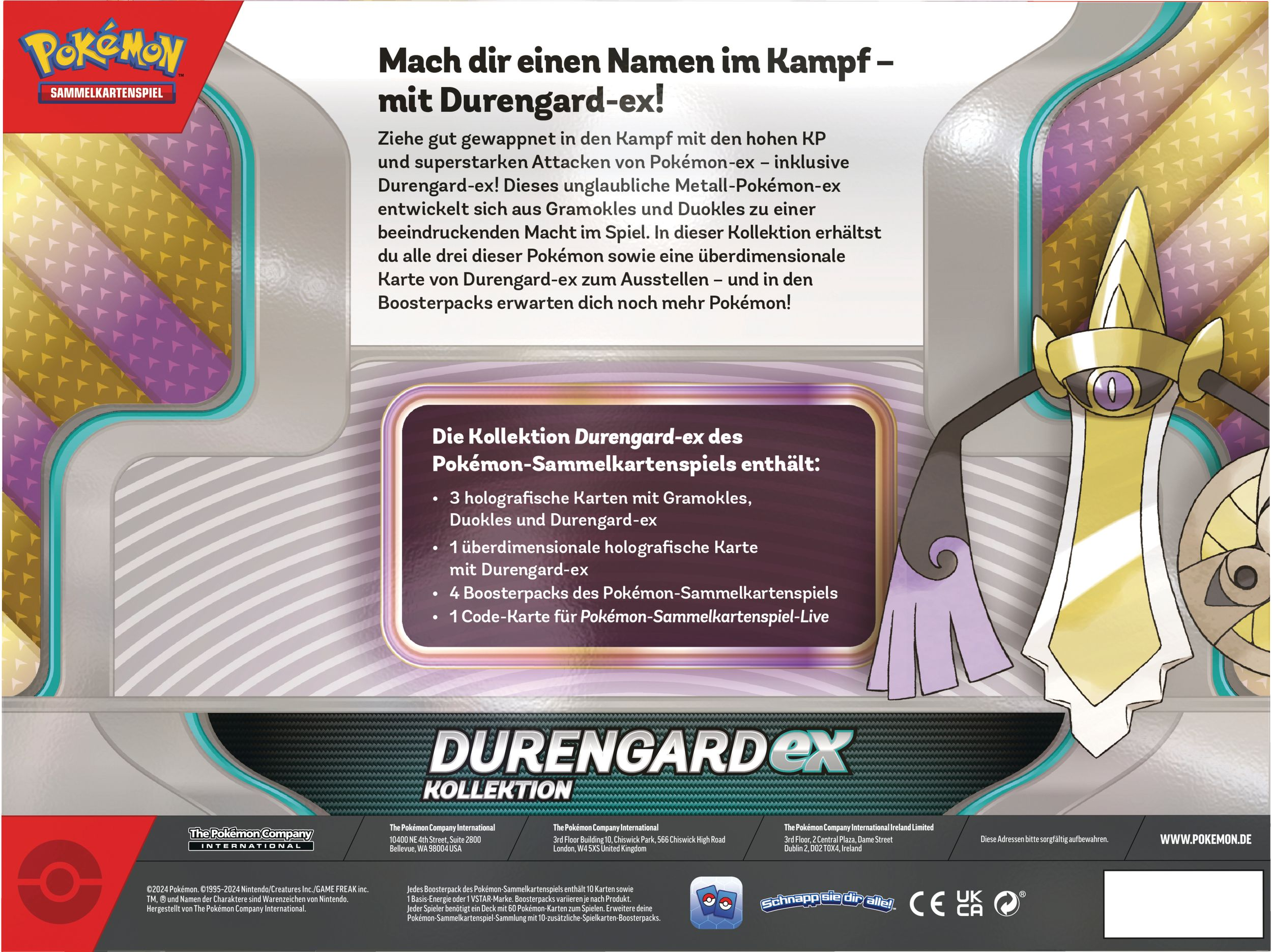 Rückseite einer Pokémon-Sammelkartenbox. Text und Grafiken sind auf Deutsch.
