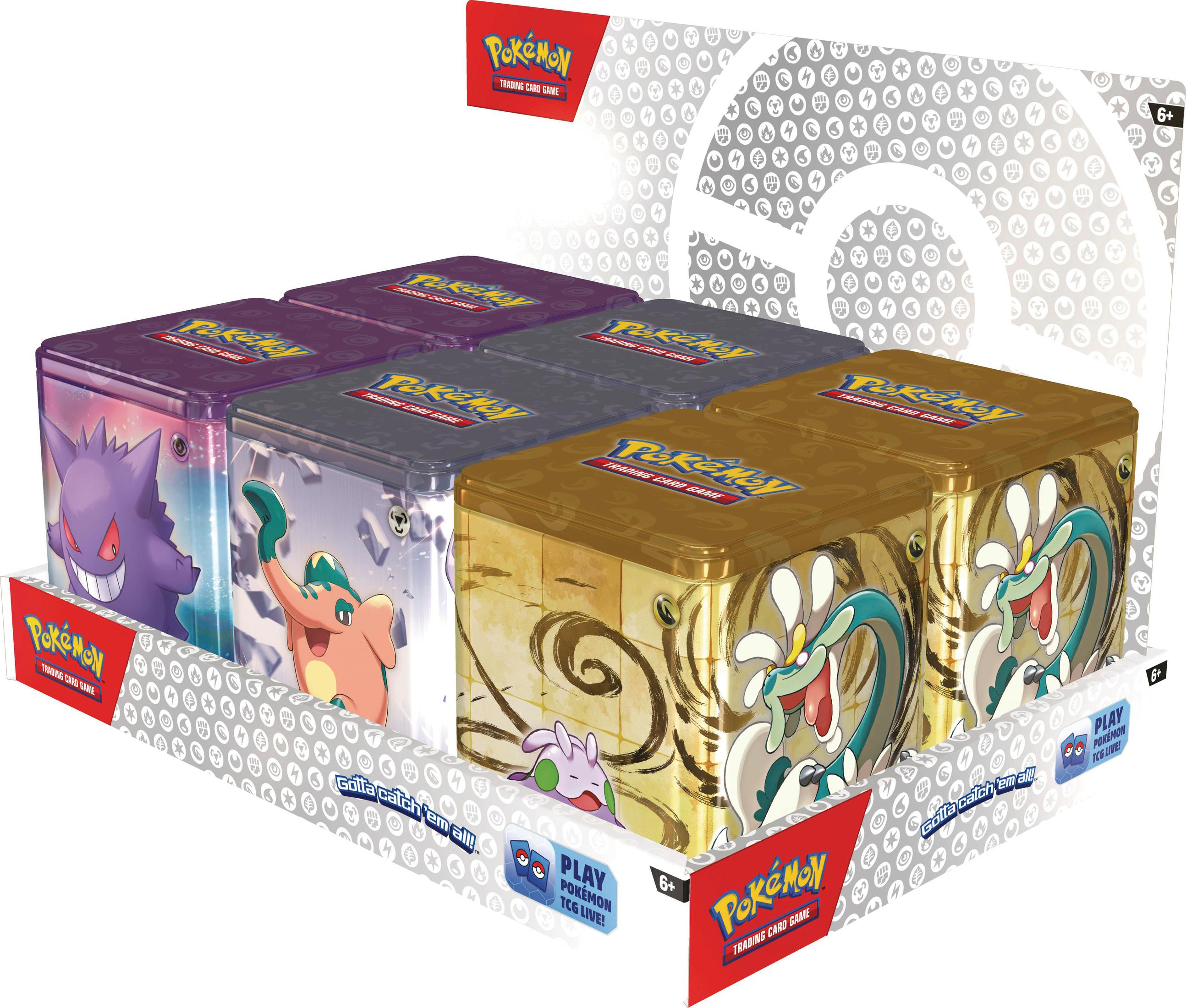 Eine Auslage von sechs Pokemon Trading Card Game-Dosen auf einem Regal. Jede Dose zeigt Pokemon-Charaktere.