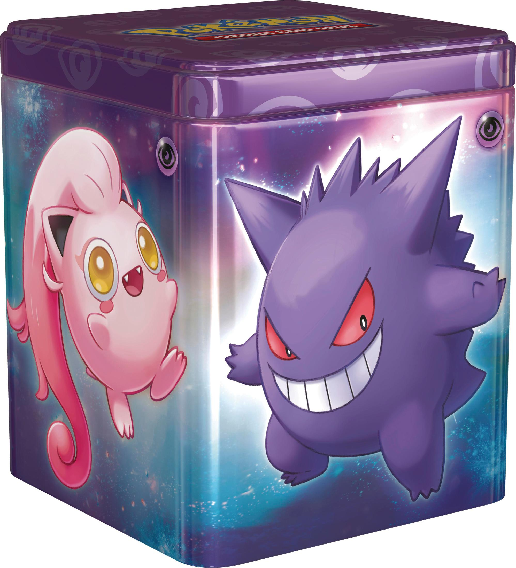Eine lila Pokemon-Blechdose. Es zeigt Fluffeluff und Gengar vor einem Sternenhintergrund.